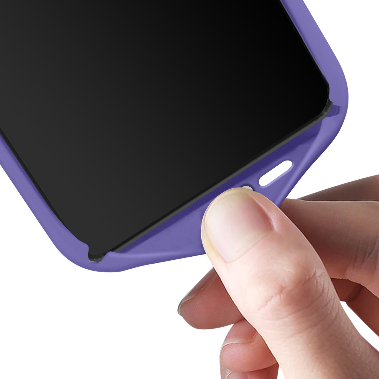 Een hand drukt op een knop van een paarse telefoonhoes. Een zwart scherm is zichtbaar.
