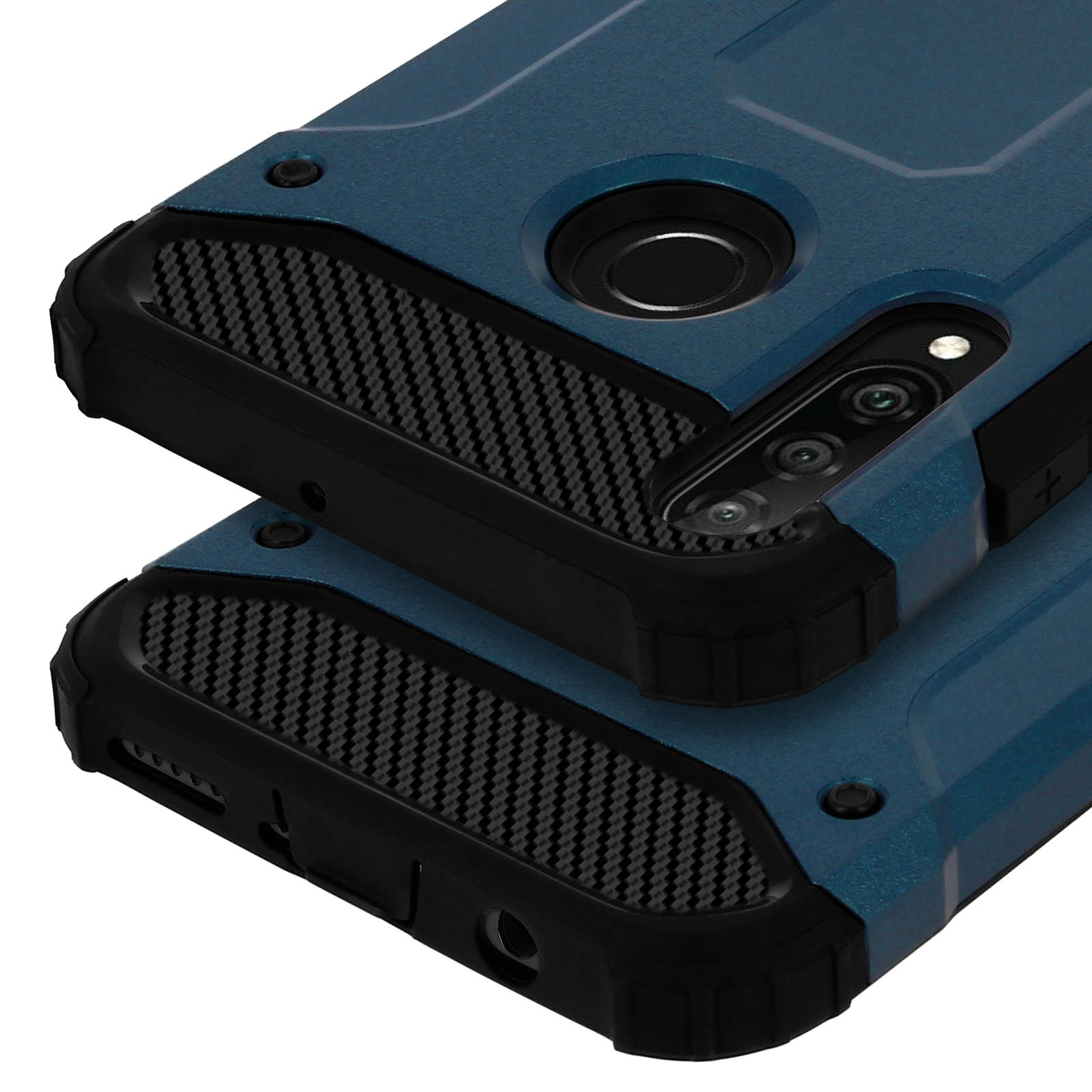 Due custodie per telefono blu-nere con accenti a motivo carbonio e lenti della fotocamera.