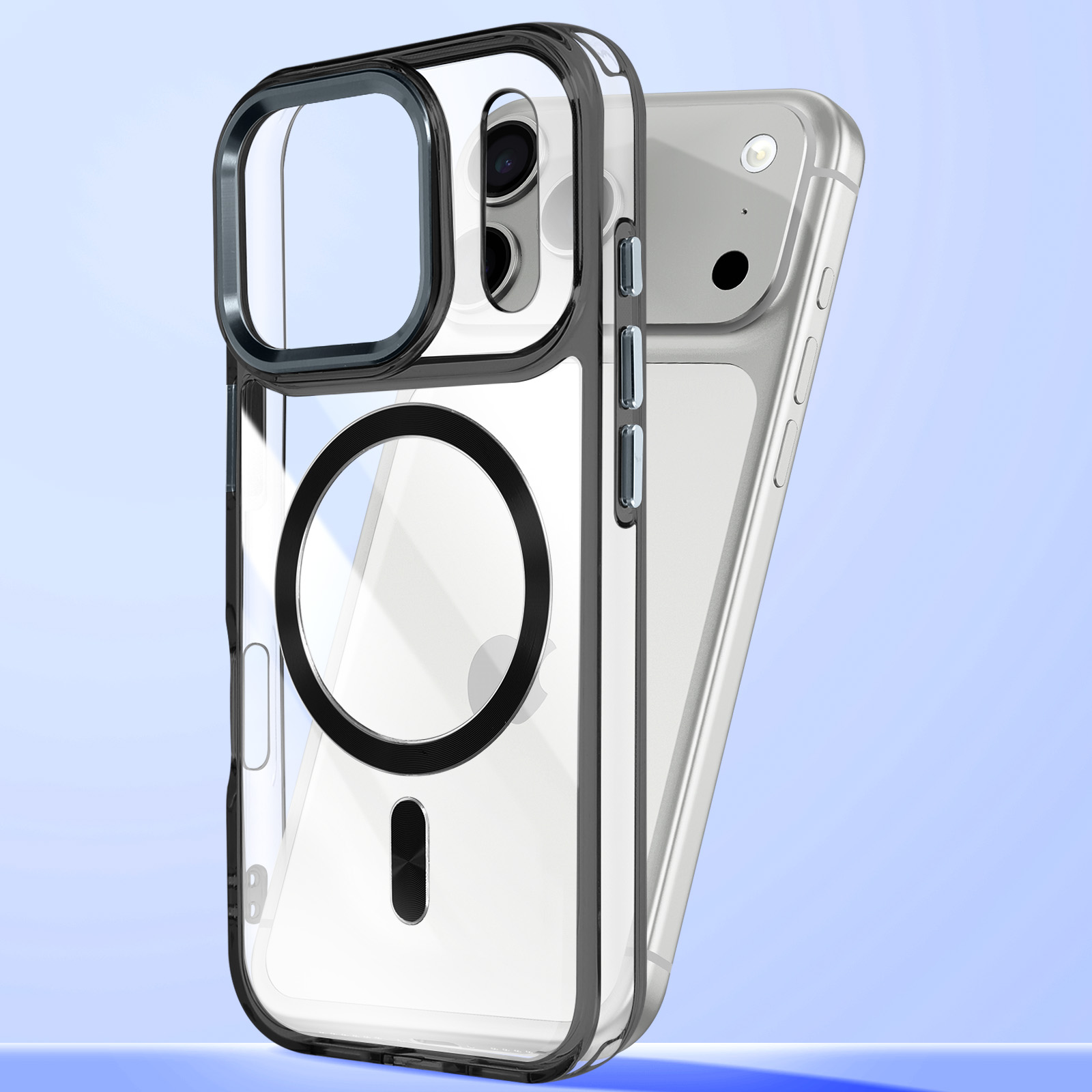 Une coque de téléphone transparente avec bordure noire et anneau MagSafe sur un iPhone.