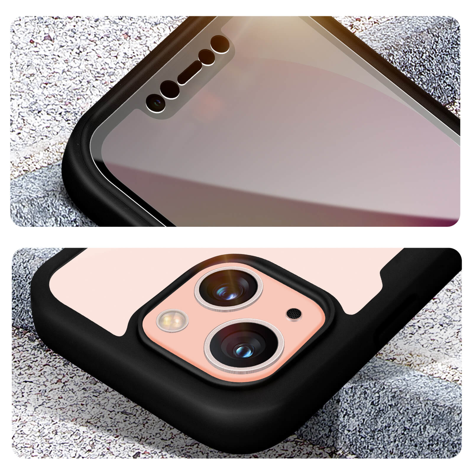 Close-up van een telefoonhoes met cameralenzen en uitsparingen.