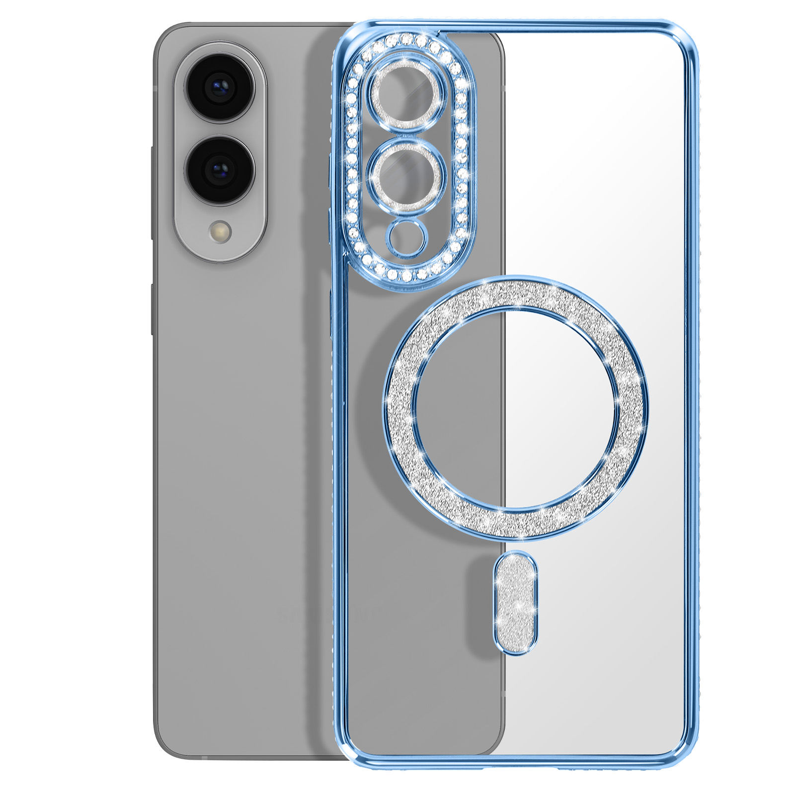Un smartphone argenté avec un étui de protection bleu incrusté de strass.