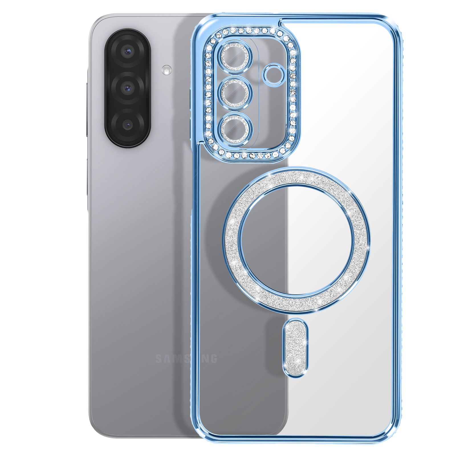 Une coque de téléphone bleue avec des paillettes autour de l'appareil photo et un anneau MagSafe.