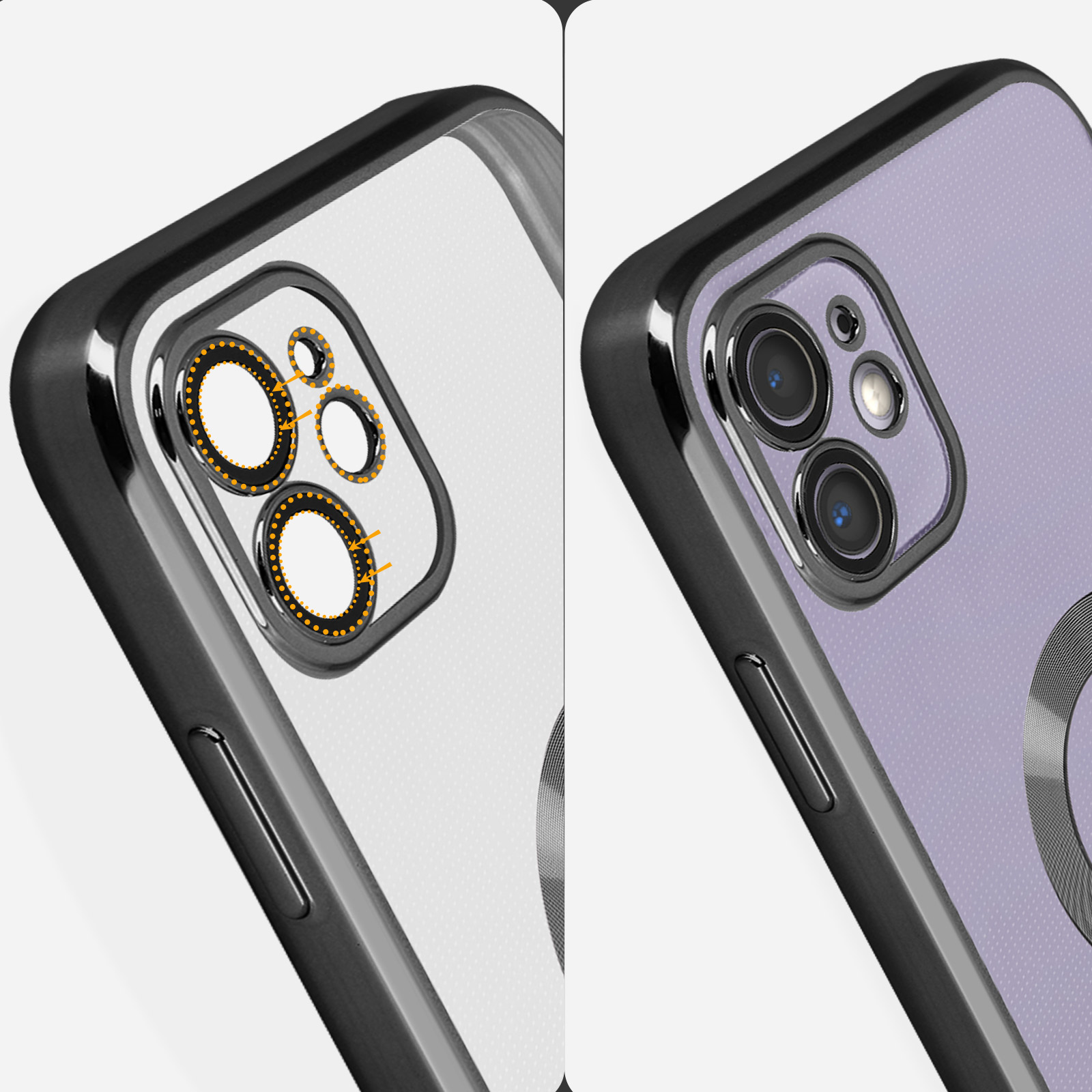 Due retro di telefoni con fotocamere. Sinistra con marcature arancioni, destra con fotocamere.