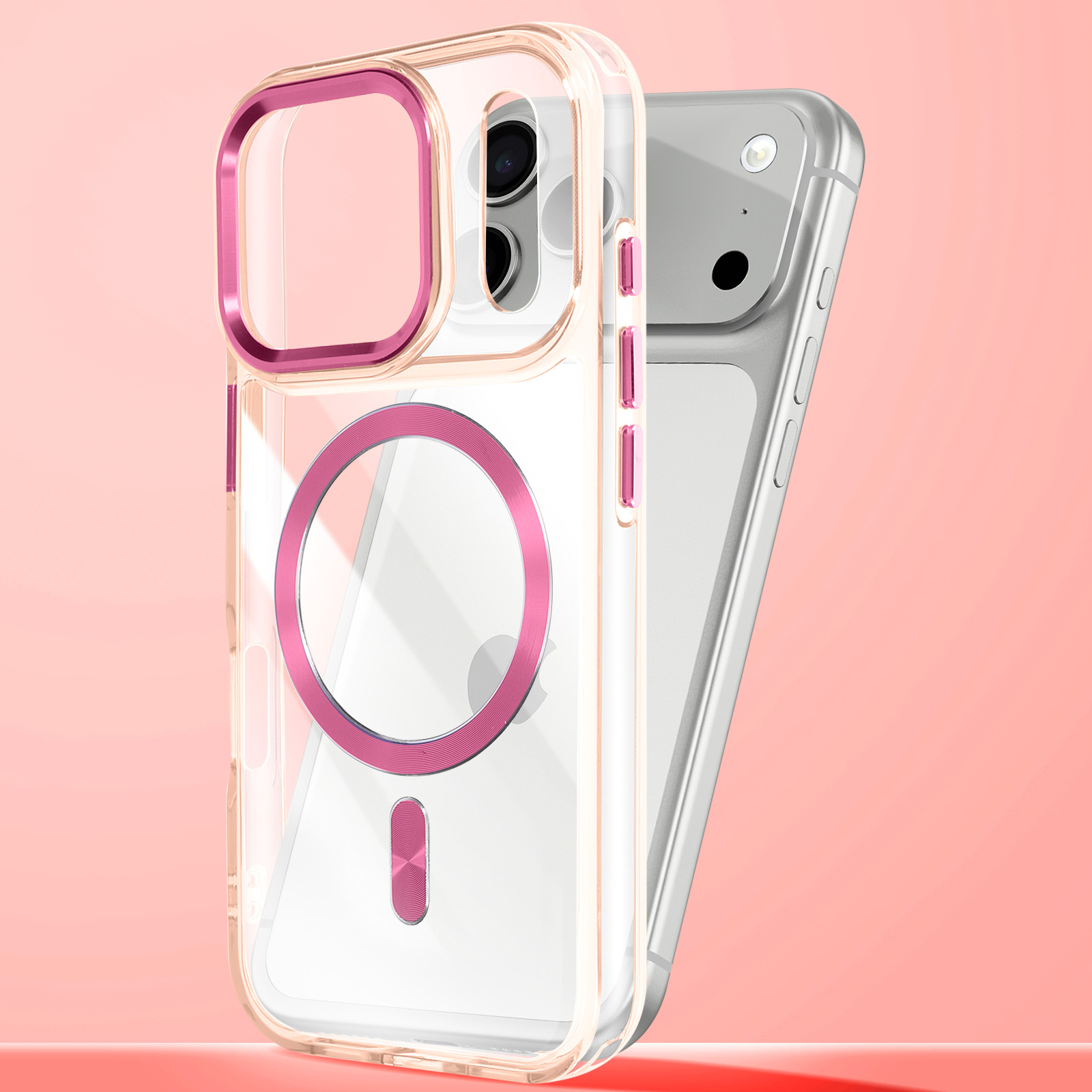 Een doorzichtige telefoonhoes met roze accenten rust op een zilveren telefoon.