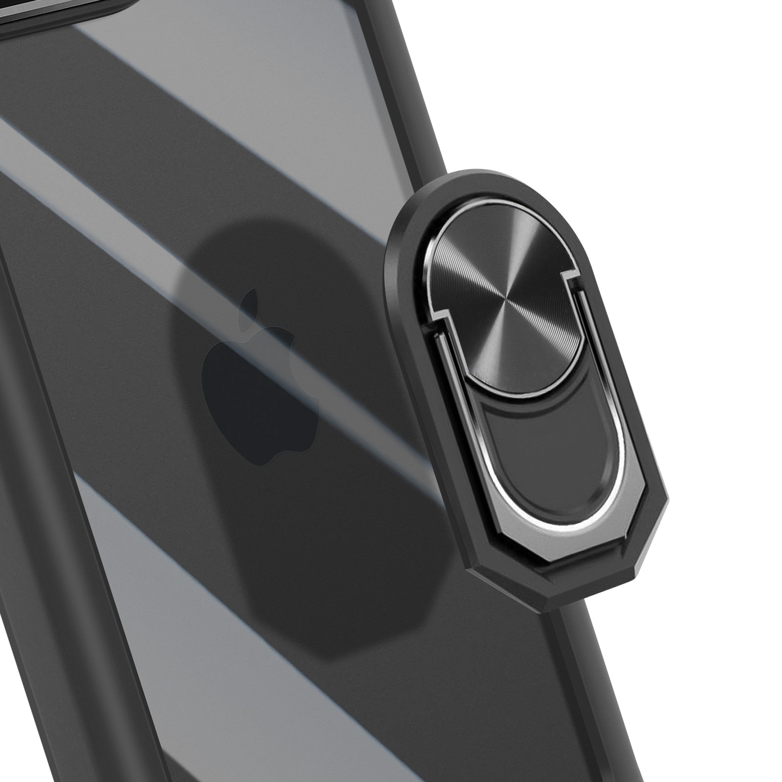 Un supporto nero per telefono con anello è attaccato al retro di uno smartphone scuro.