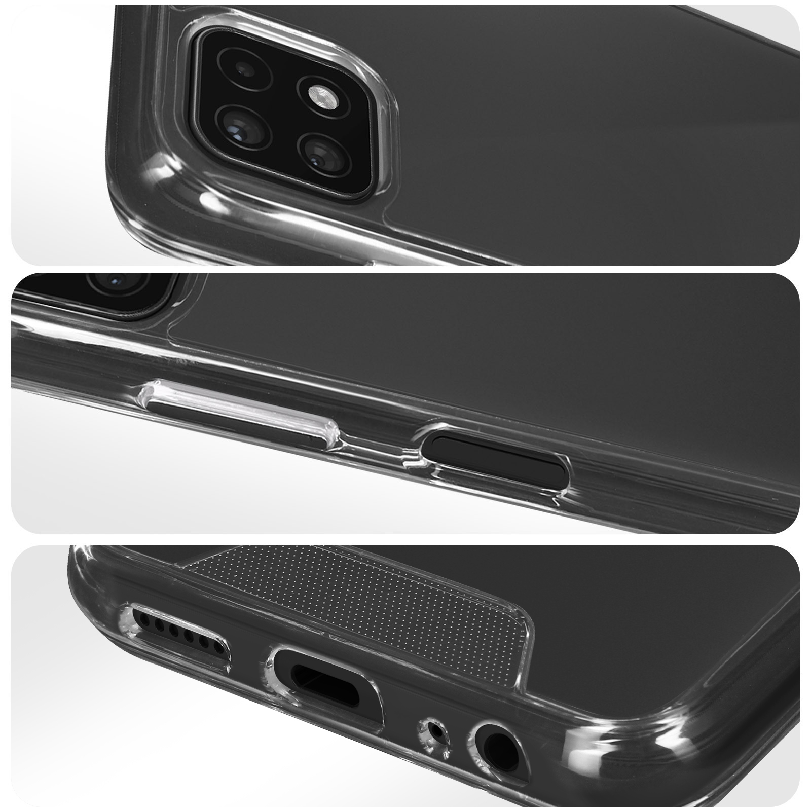 Custodia trasparente per telefono con modulo fotocamera, pulsanti e porta di ricarica.