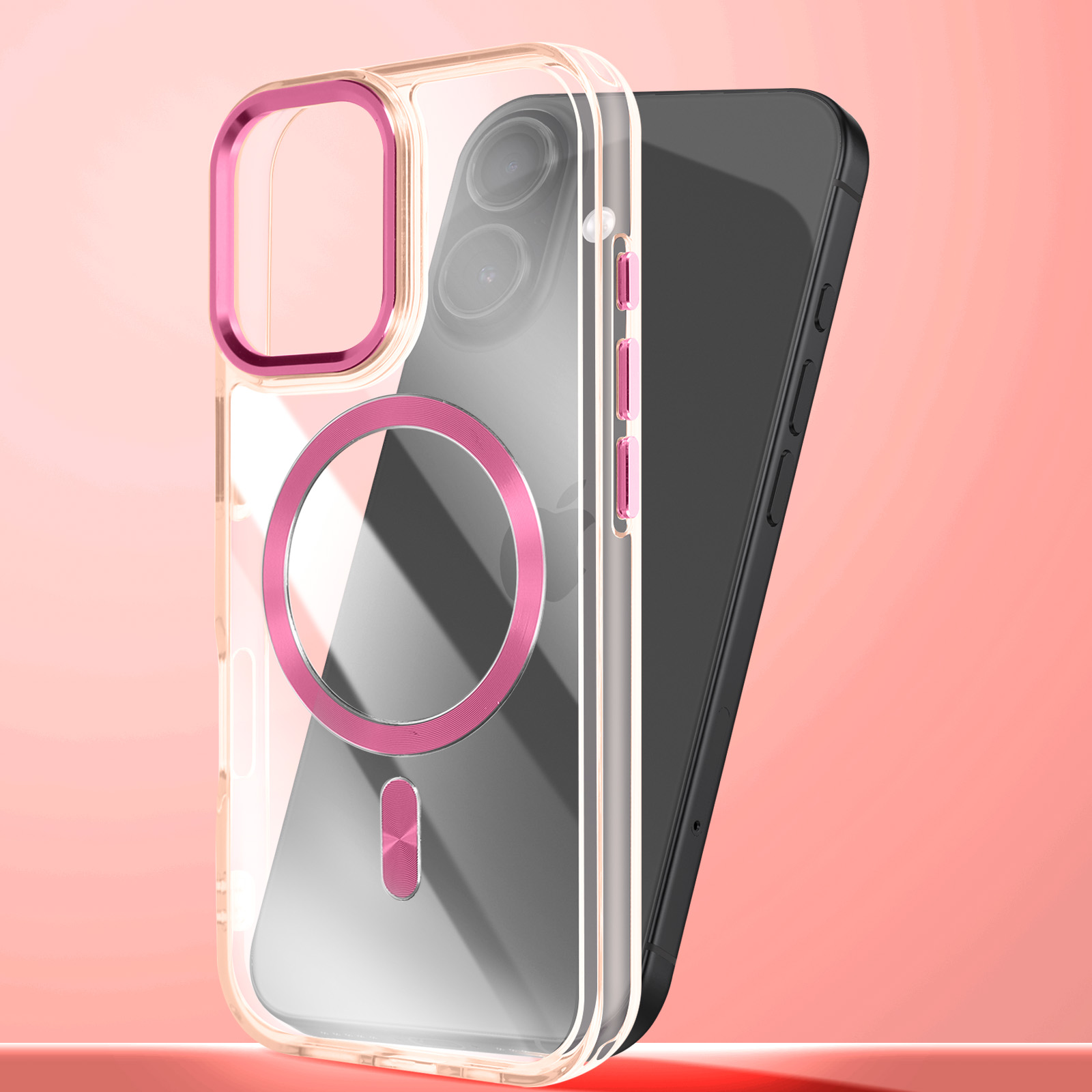 Transparante telefoonhoes met roze accenten op een donkere telefoon.
