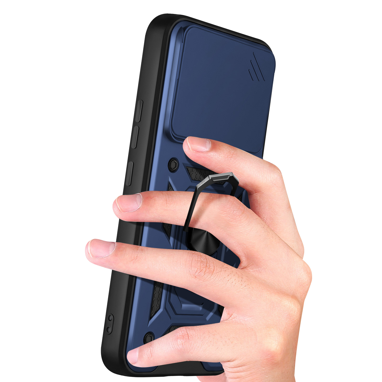 Coque de téléphone bleue avec support anneau, tenue par une main.