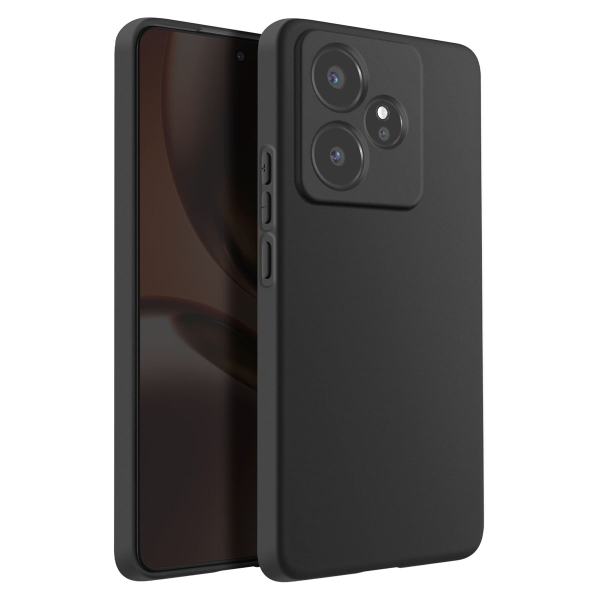 Zwarte smartphone met drie camera's aan de achterkant en een donker scherm.