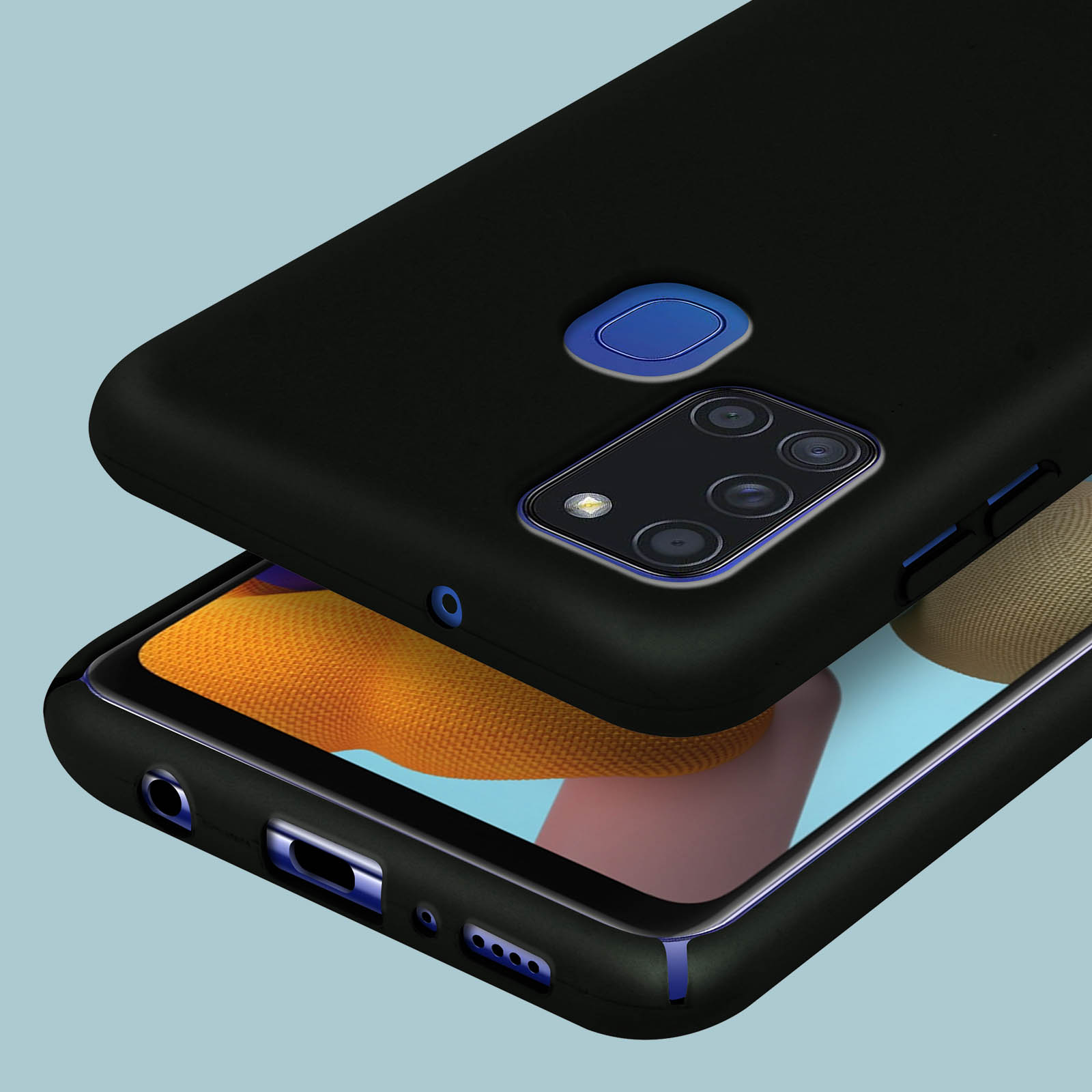 Coque de téléphone noire avec quadruple caméra et capteur d'empreintes bleu.