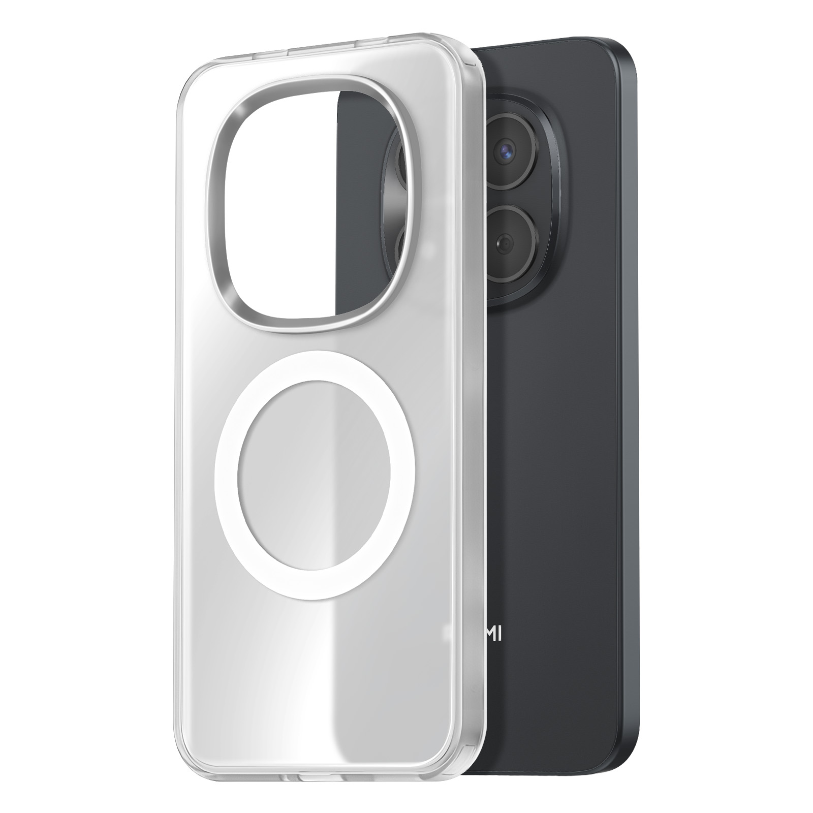 Een doorzichtige telefoonhoes met een ring en een zwarte telefoon met twee camera's.
