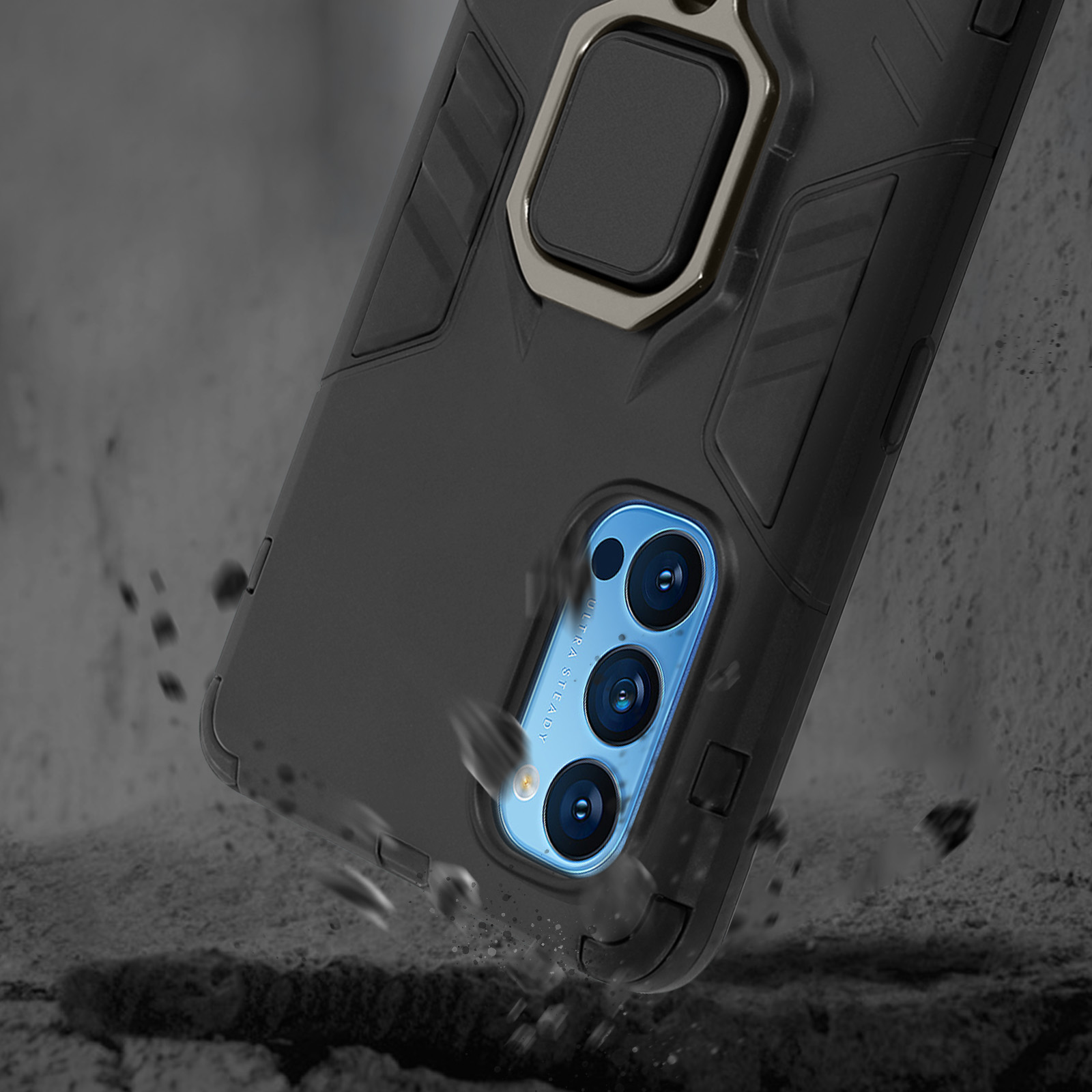 Coque de téléphone noire avec support anneau et triple appareil photo sur fond rocailleux.
