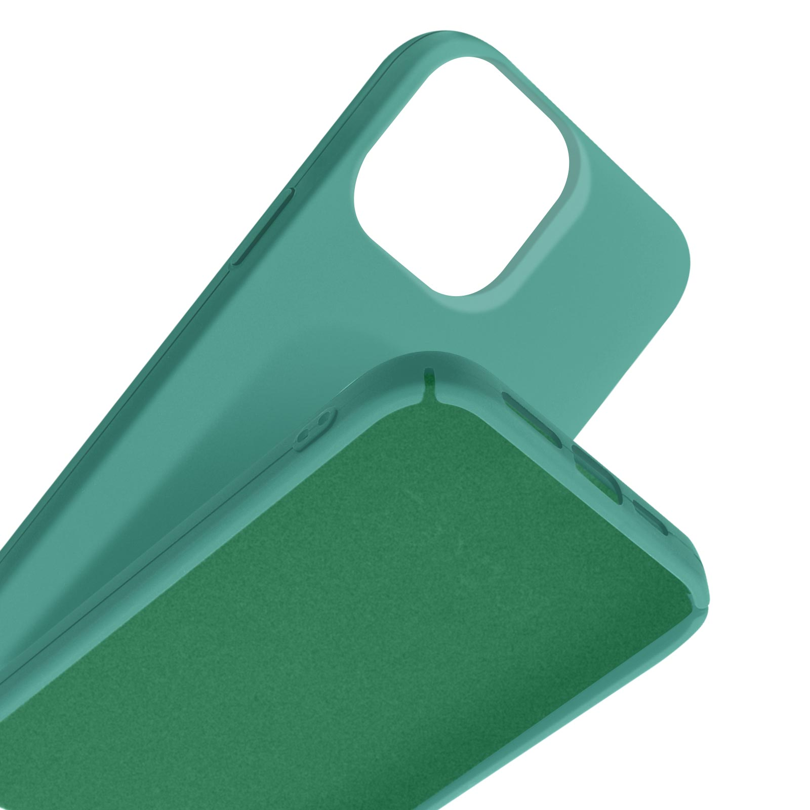 Twee tealkleurige telefoonhoesjes op elkaar, één met fluweelzachte textuur.