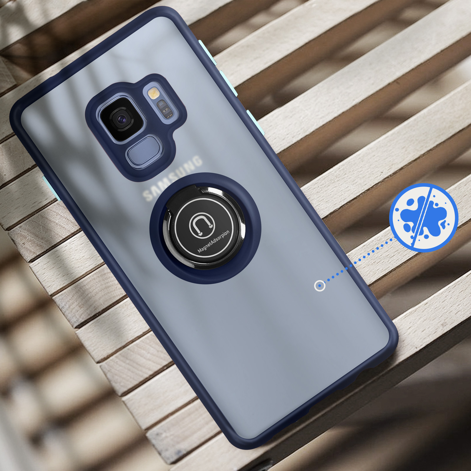 Donkerblauwe telefoonhoes met ringhouder op Samsung telefoon.