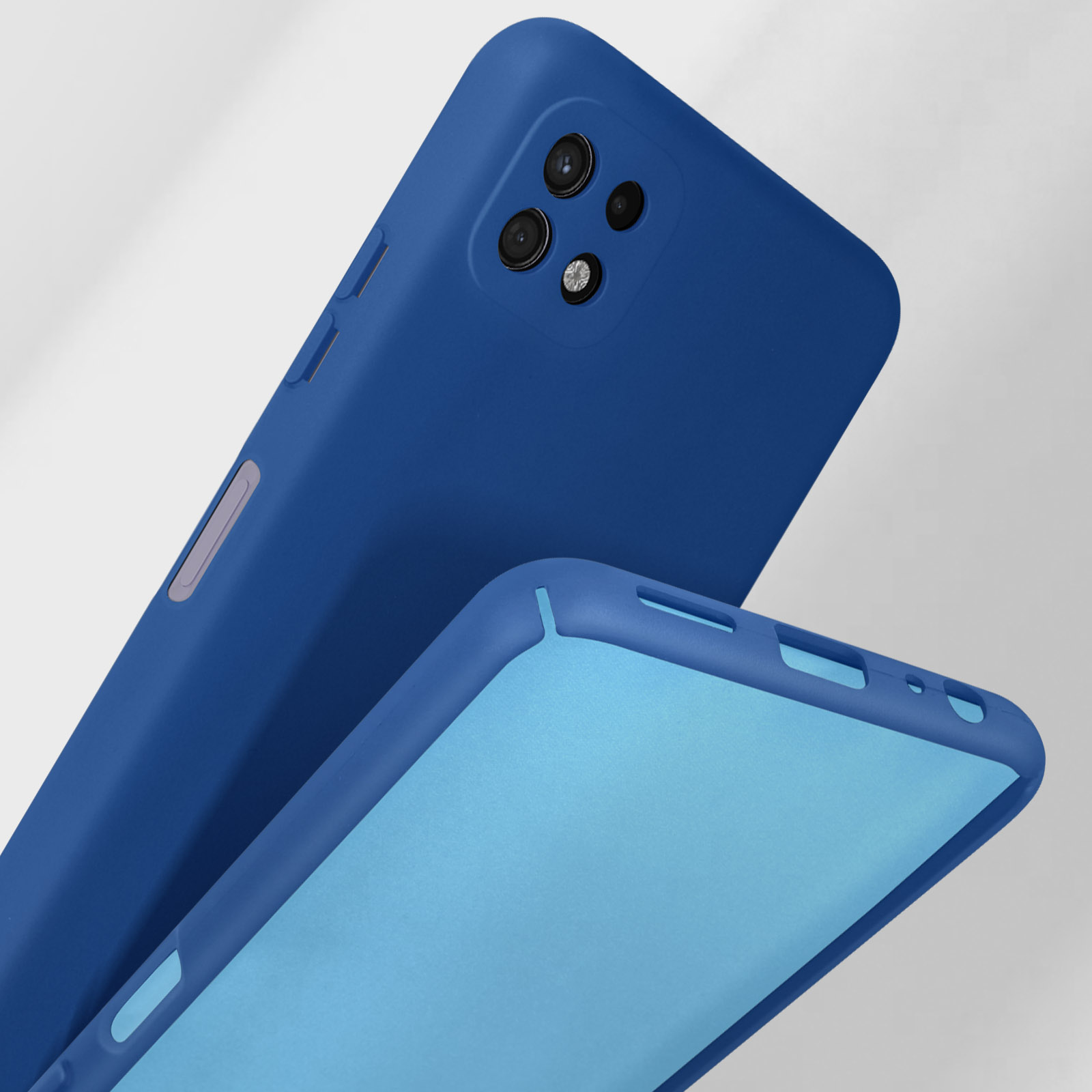 Due cover per telefono blu, una sopra l'altra. Modulo fotocamera visibile.