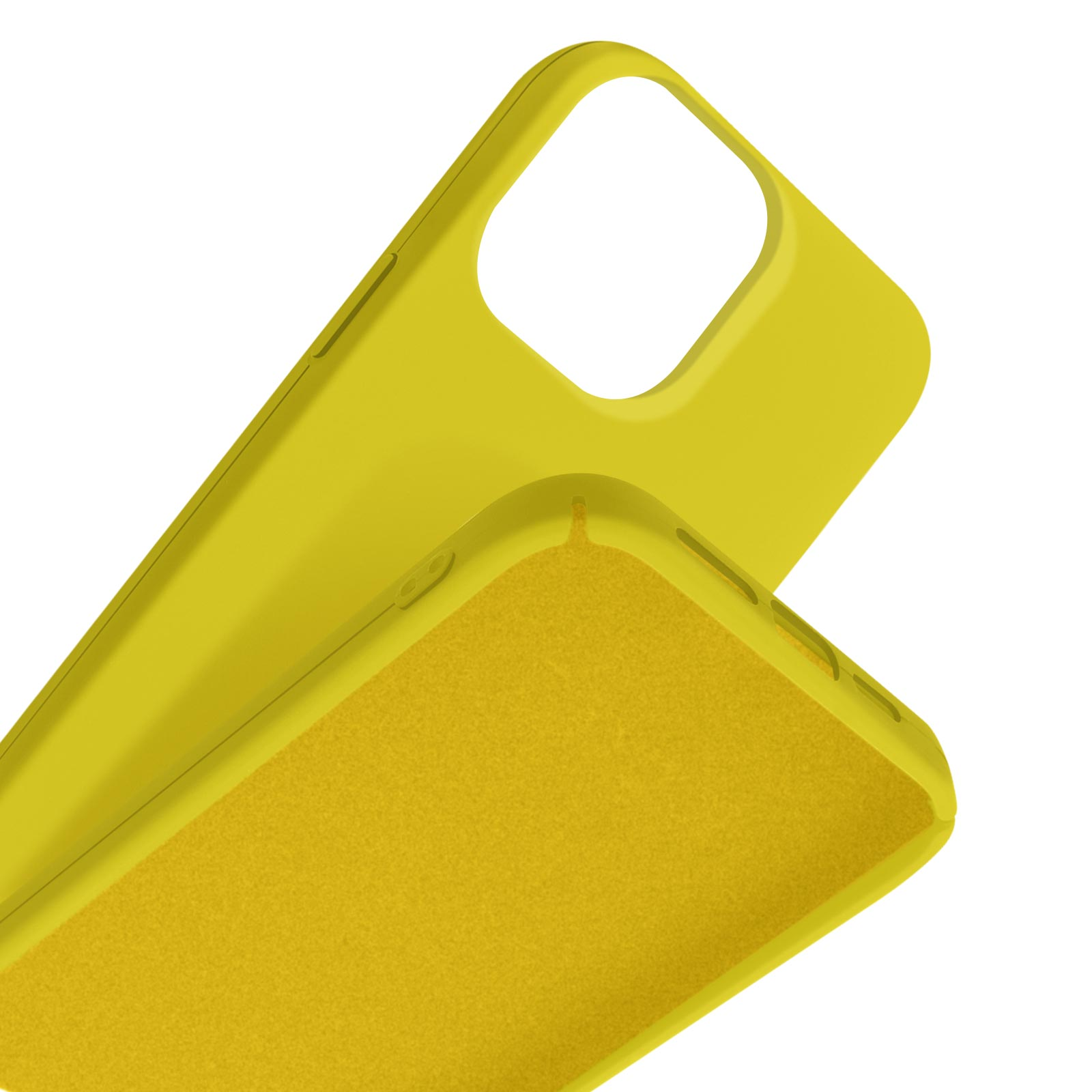 Een gele telefoonhoes met zachte voering, tegen een witte achtergrond.