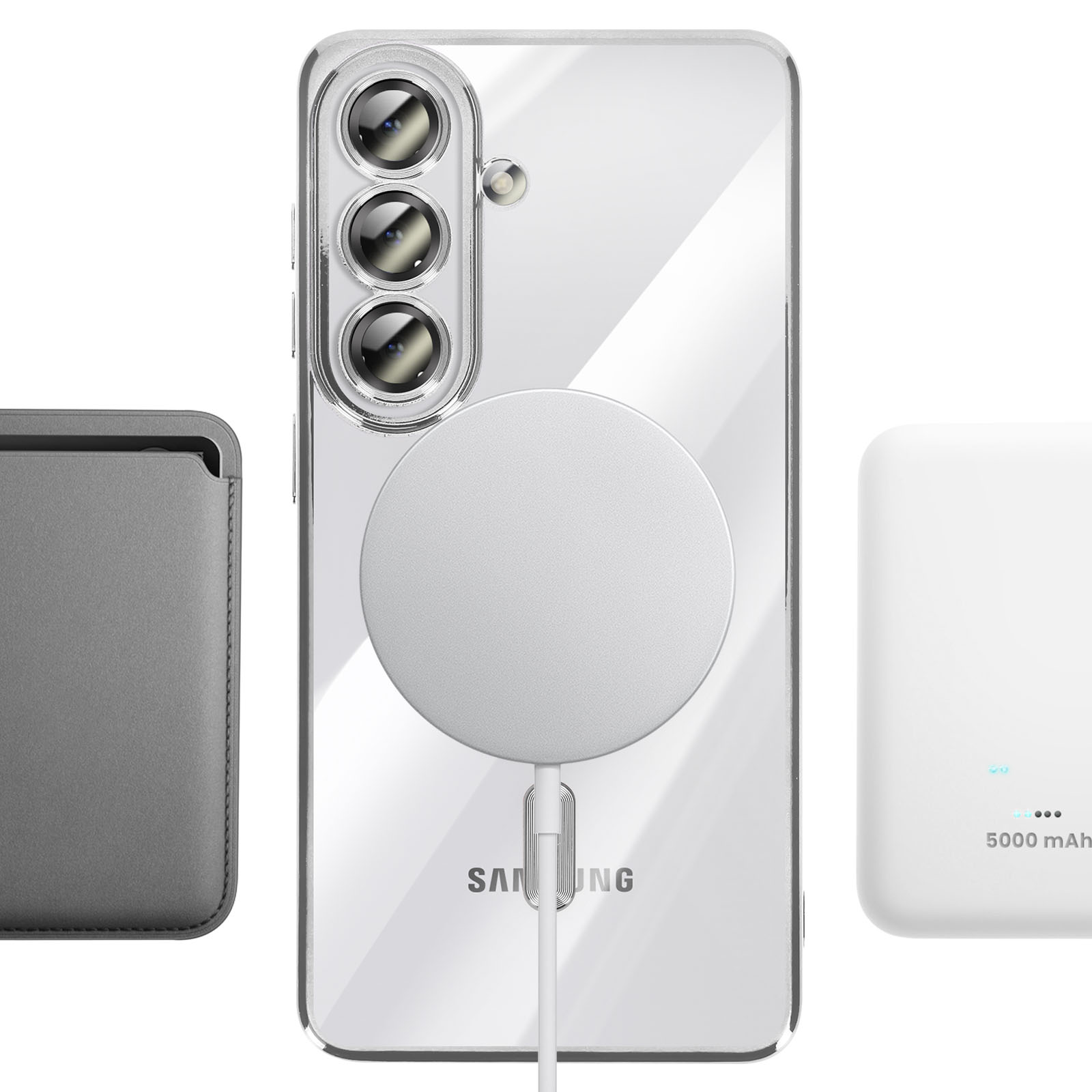 Een smartphone met drie camera's, een grijze hoes en een witte oplader.