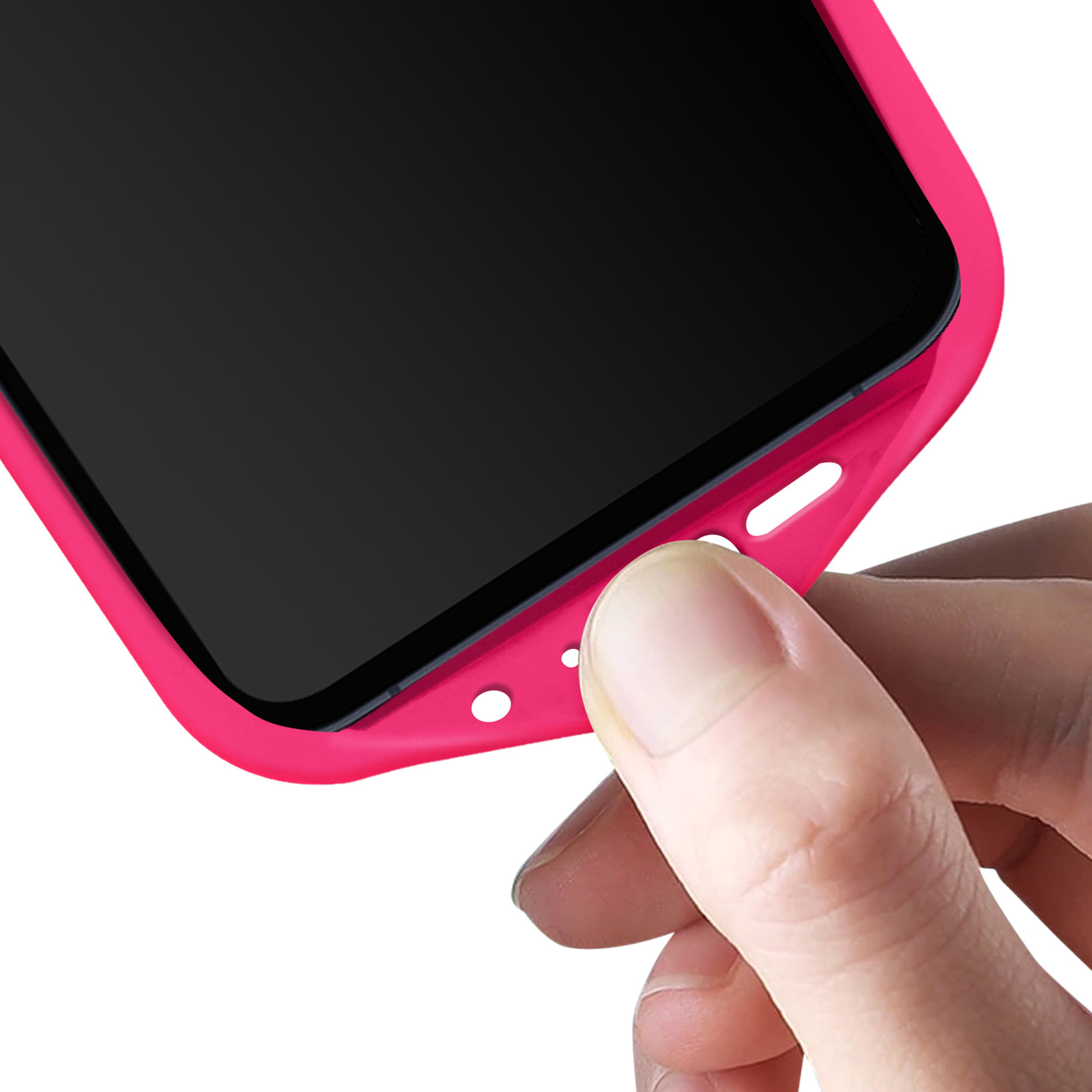 Une main tient une coque de téléphone rose vif avec un écran noir.