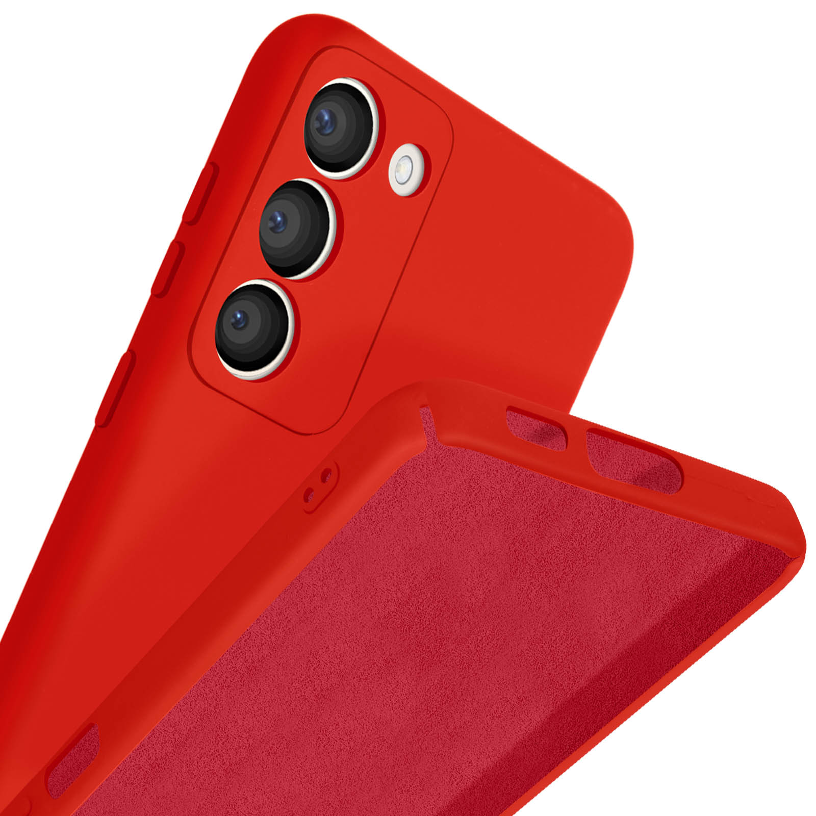 Cover rossa per telefono con tre obiettivi e flash.
