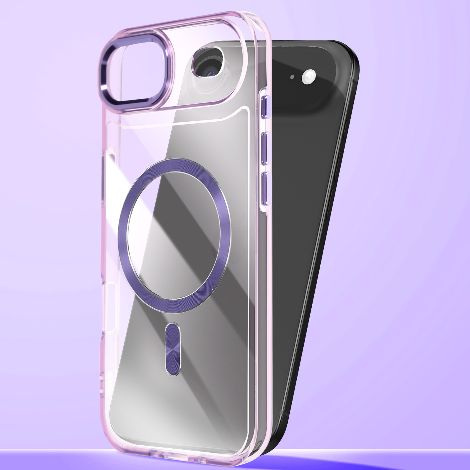 Coque de téléphone transparente avec des accents violets protégeant un smartphone noir.