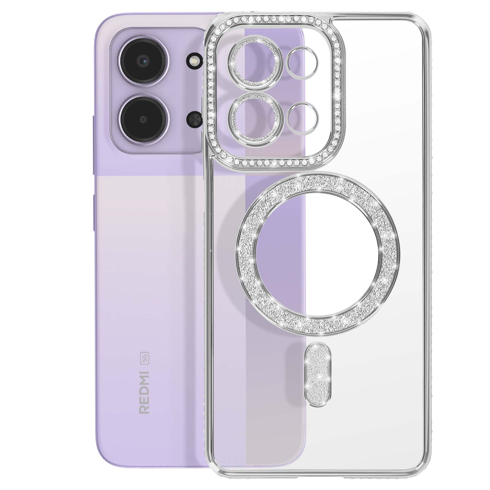 Paarse smartphone met doorzichtige, met strass versierde hoes met ringhouder.