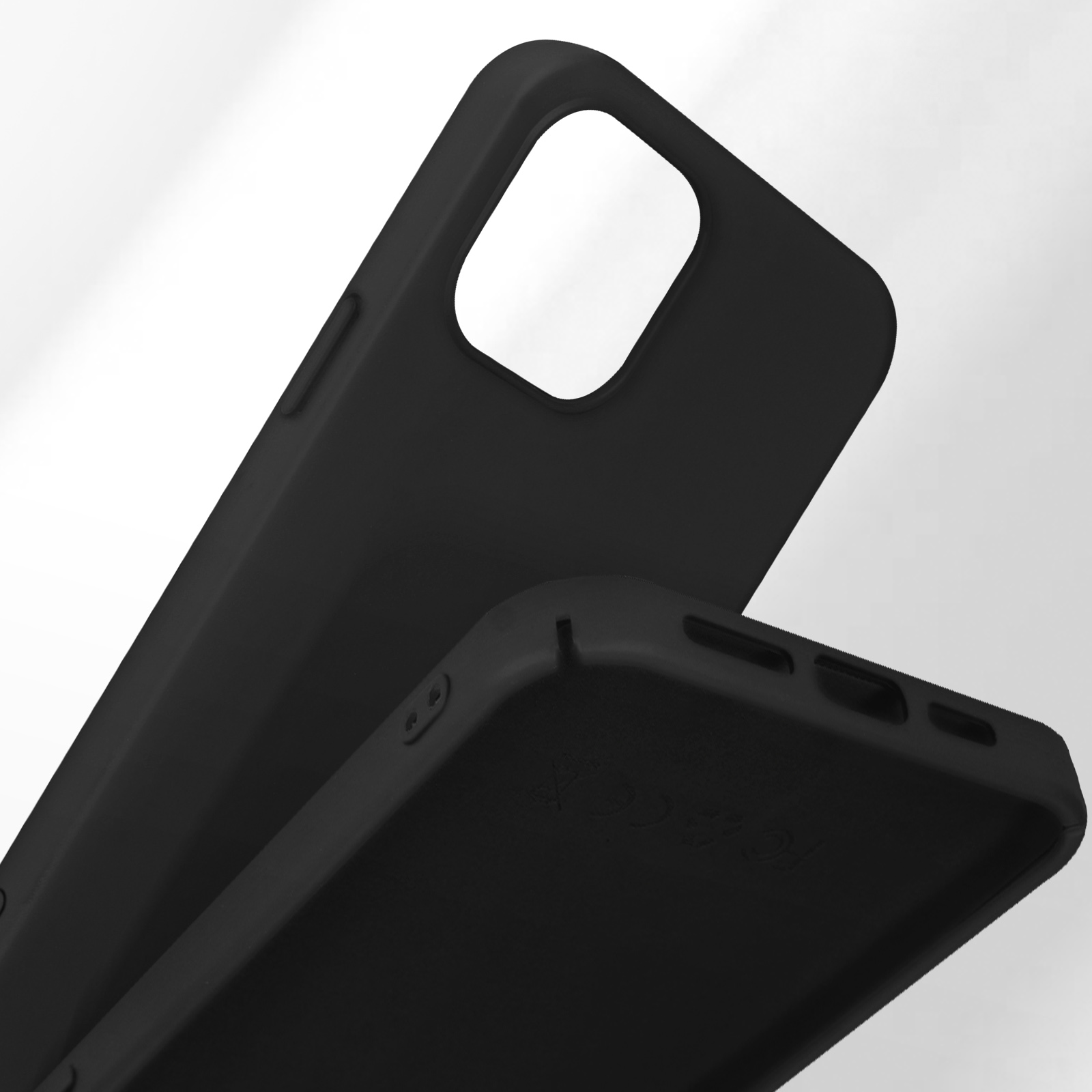 Twee zwarte telefoonhoesjes worden getoond, de ene overlapt de andere. De camera-uitsparing is zichtbaar.