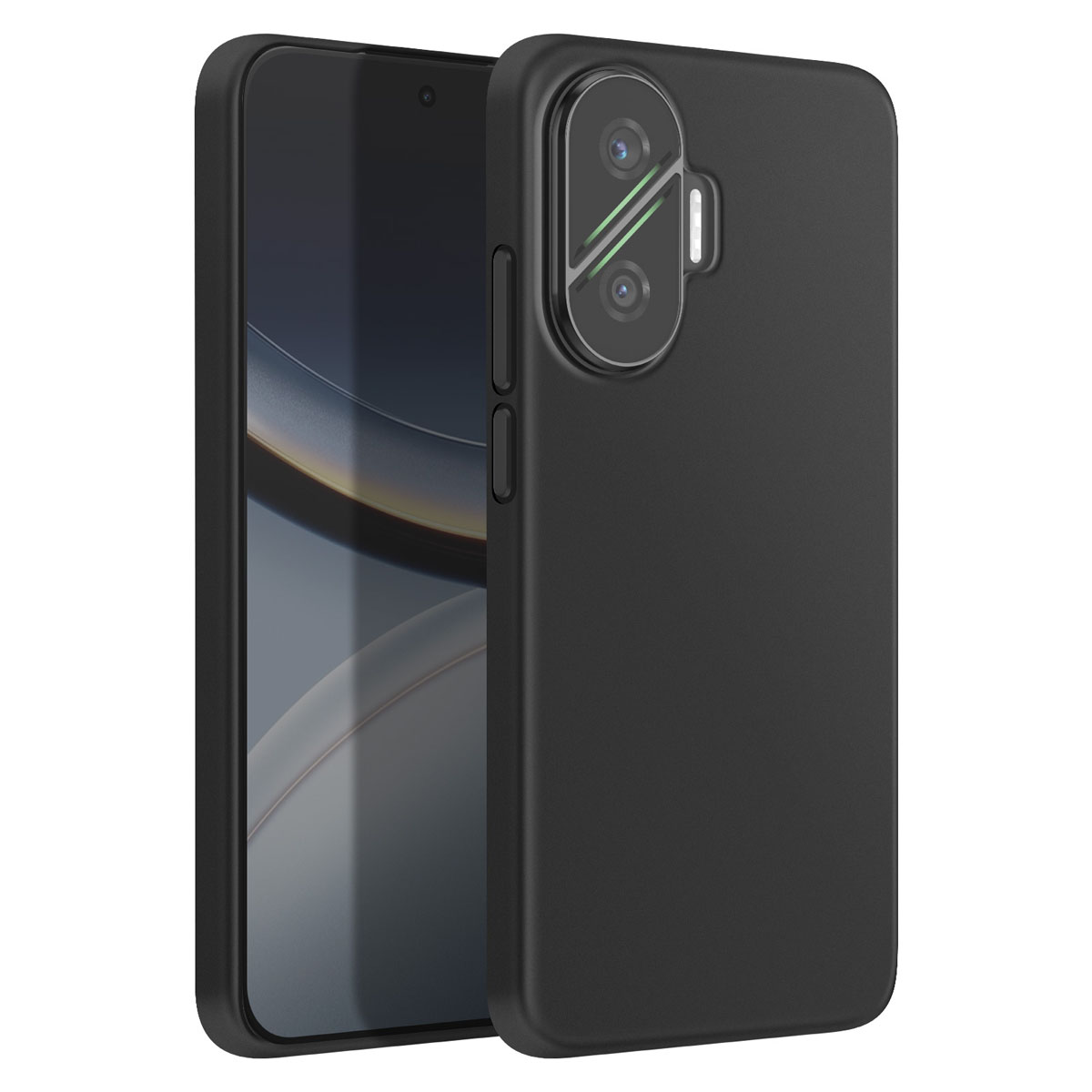 Coque de téléphone noire avec découpe pour appareil photo et boutons latéraux. Le téléphone est visible.