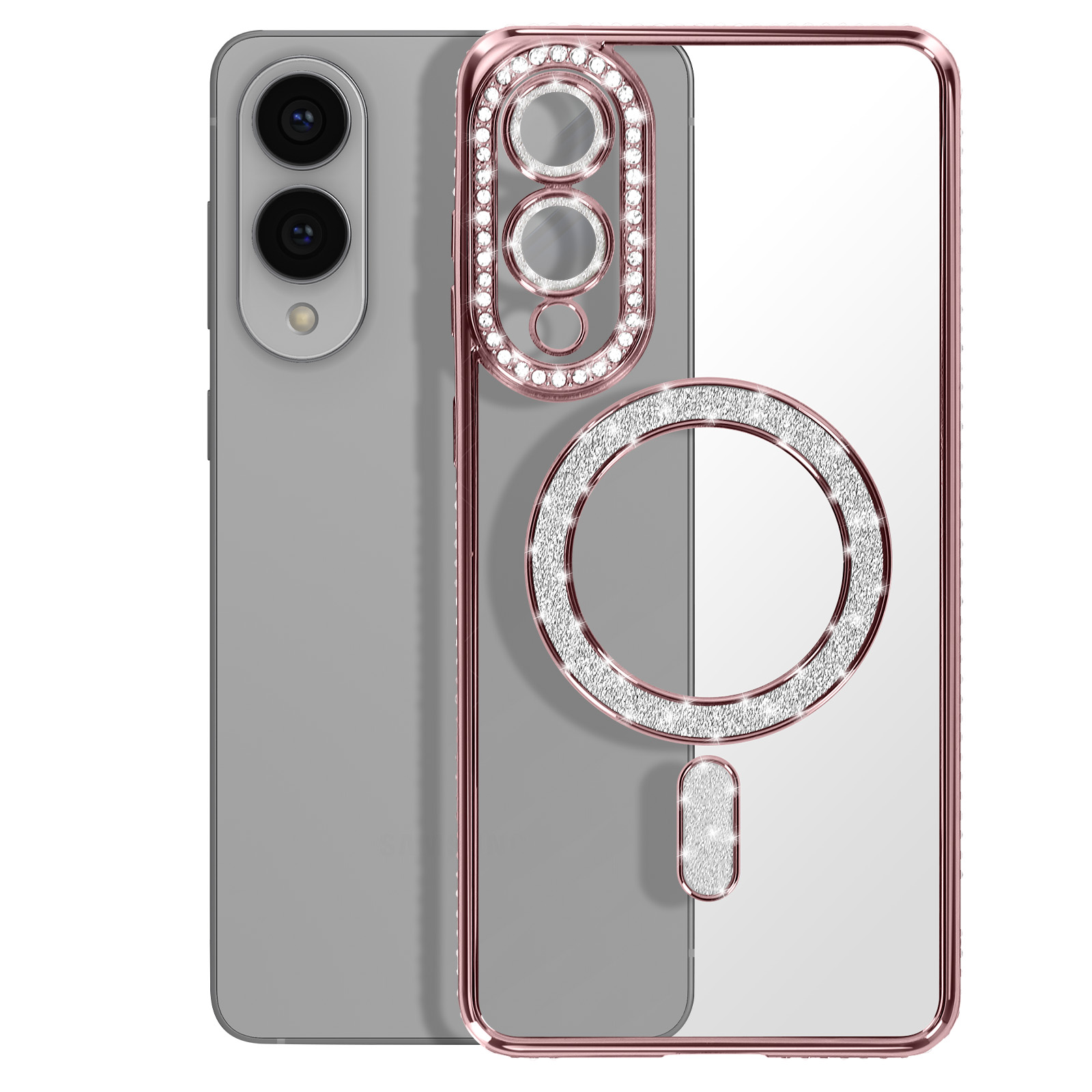 Smartphone gris avec coque rose dorée scintillante et découpes pour appareil photo.