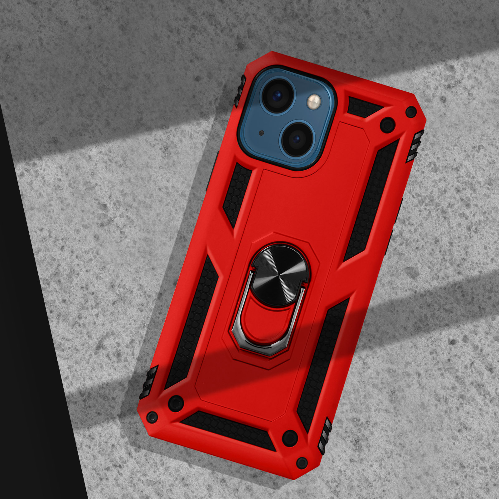 Cover rossa per telefono con anello porta anello su cemento.