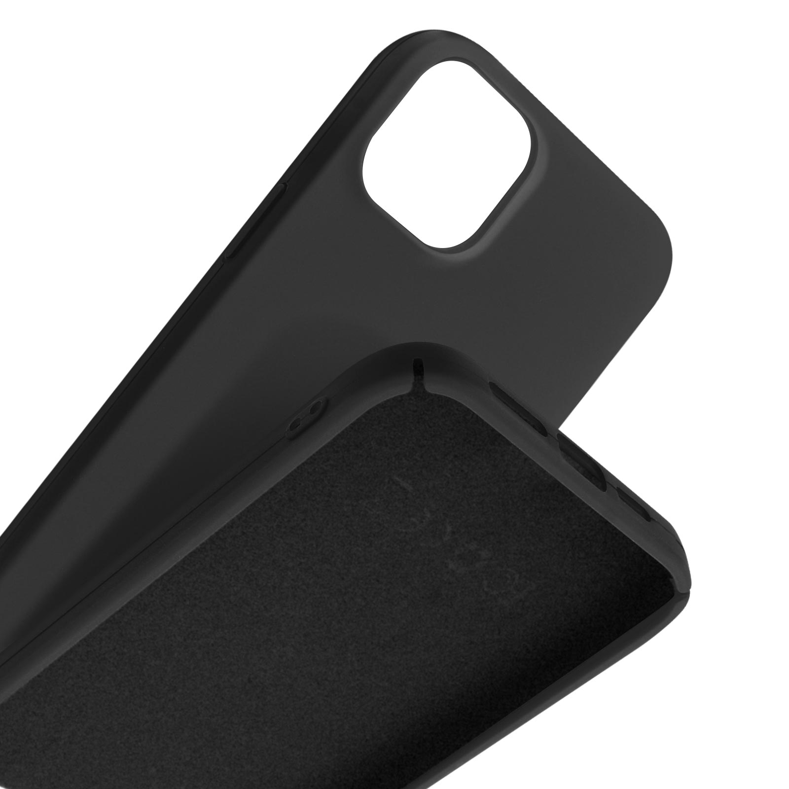 Coque de téléphone noire avec intérieur velouté et découpe caméra.