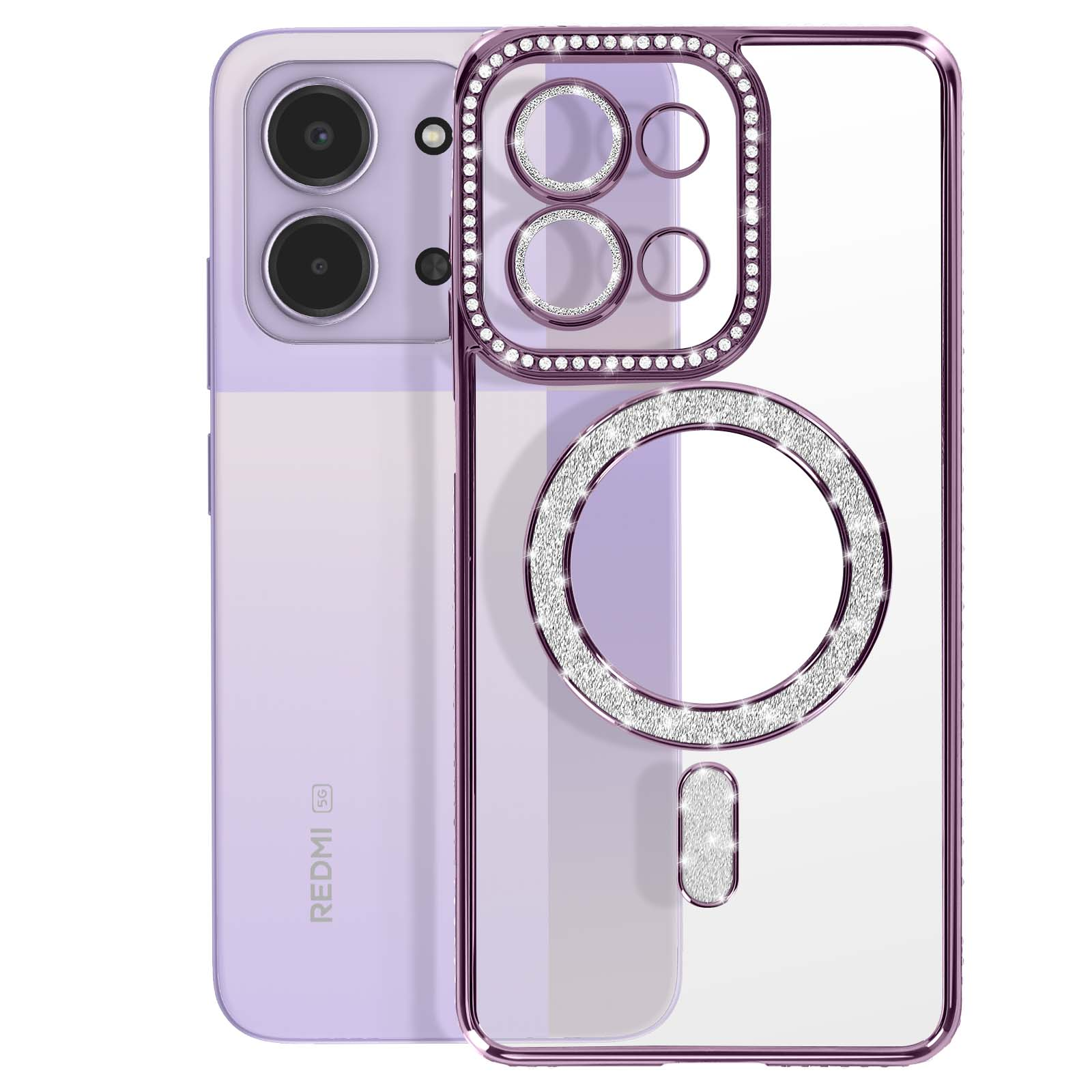 Paarse telefoonhoes met glitteraccenten en ringhouder.