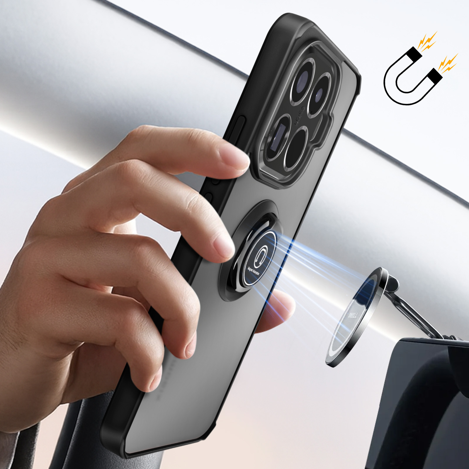 Hand houdt telefoon met magneetring bij autohouder, magneeticoon.
