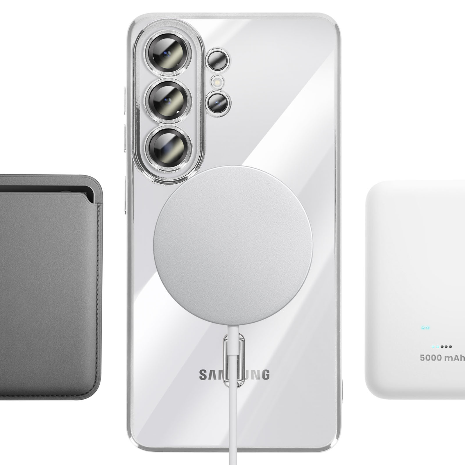 Un smartphone dans un étui transparent avec cercle de chargement et batterie.