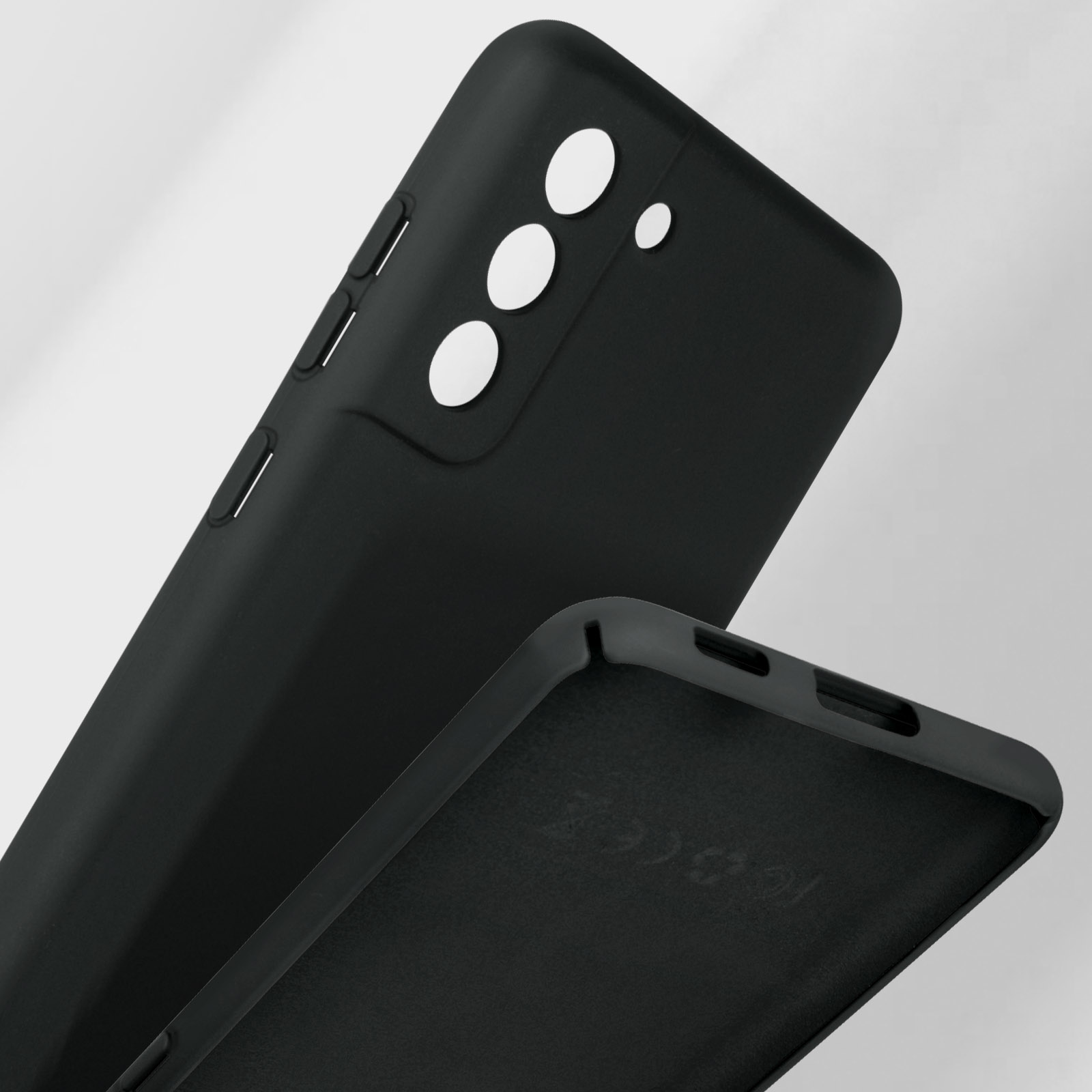 Deux coques de téléphone noires montrées en détail. L'une a des découpes pour appareil photo, l'autre vue intérieure.
