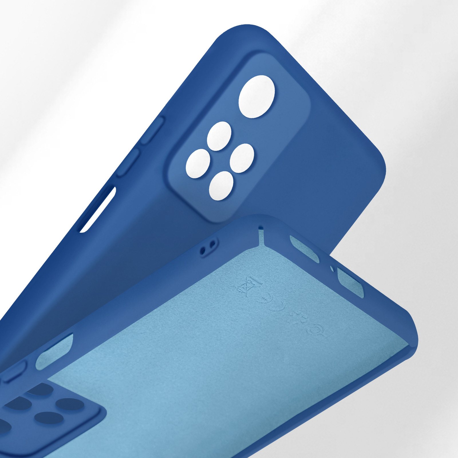 Deux coques de téléphone bleues, l'une sur l'autre, montrant l'emplacement de l'appareil photo et l'intérieur.