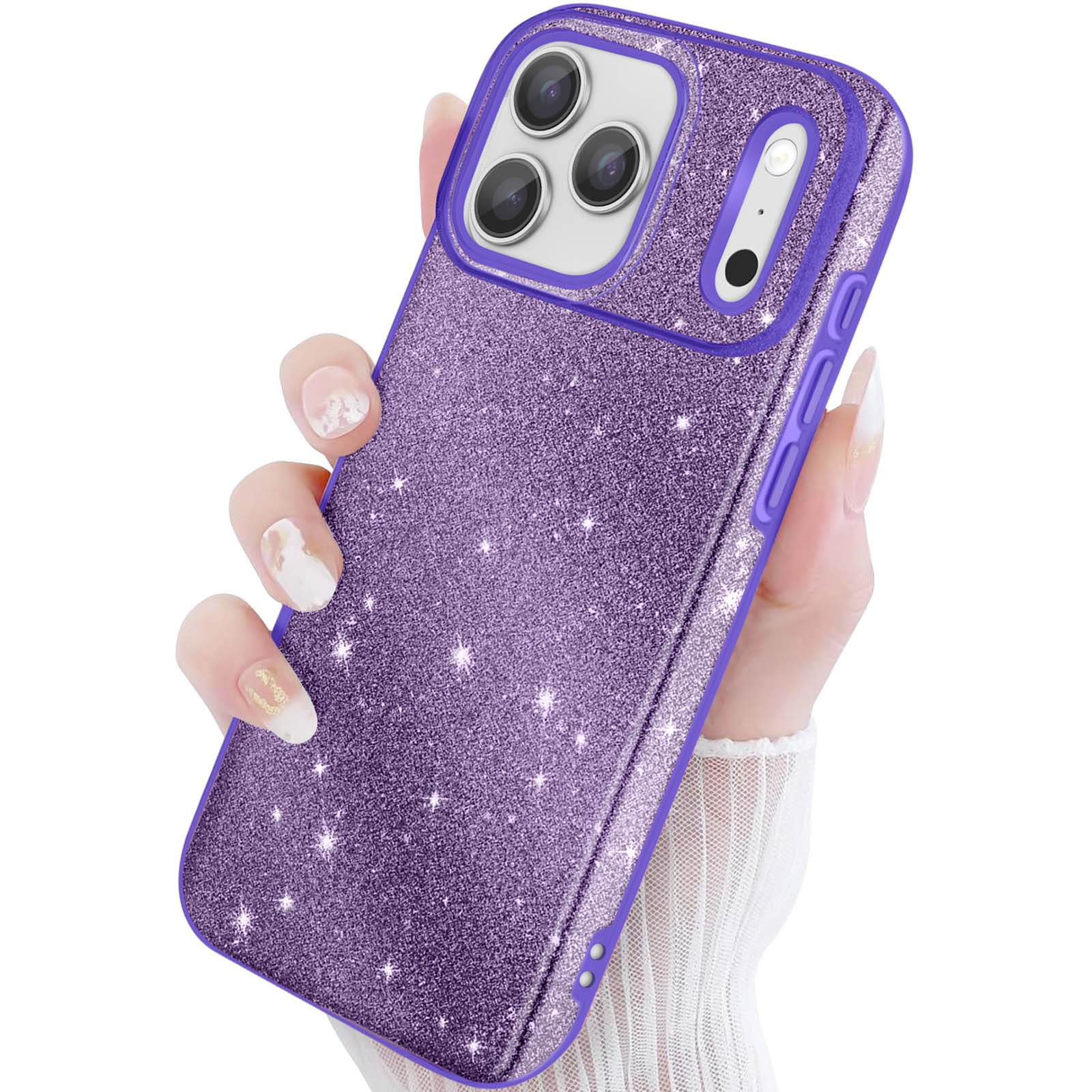Een hand houdt een paarse glitter telefoonhoes met sterren vast.