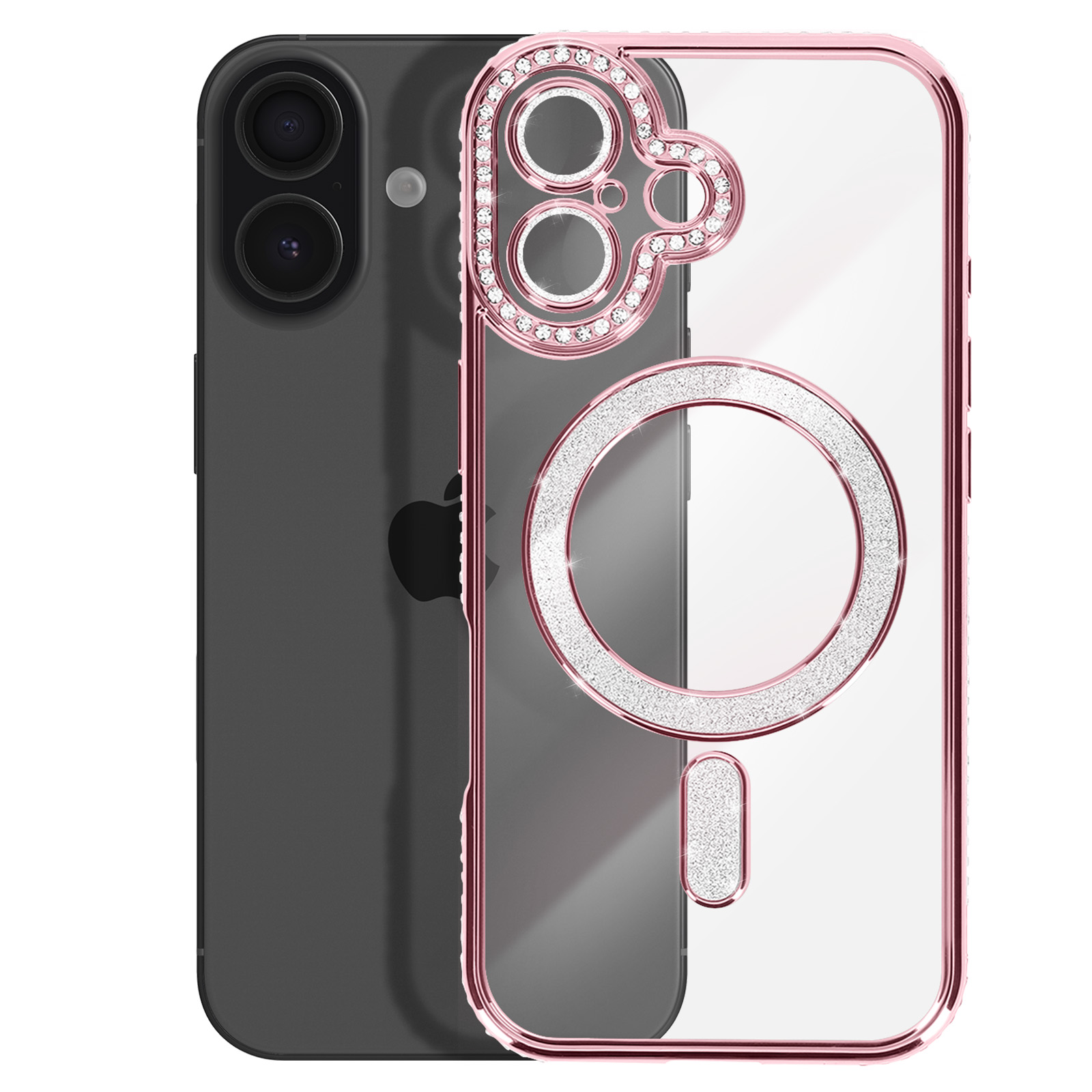 Un iPhone noir avec un étui transparent orné de paillettes et de strass.