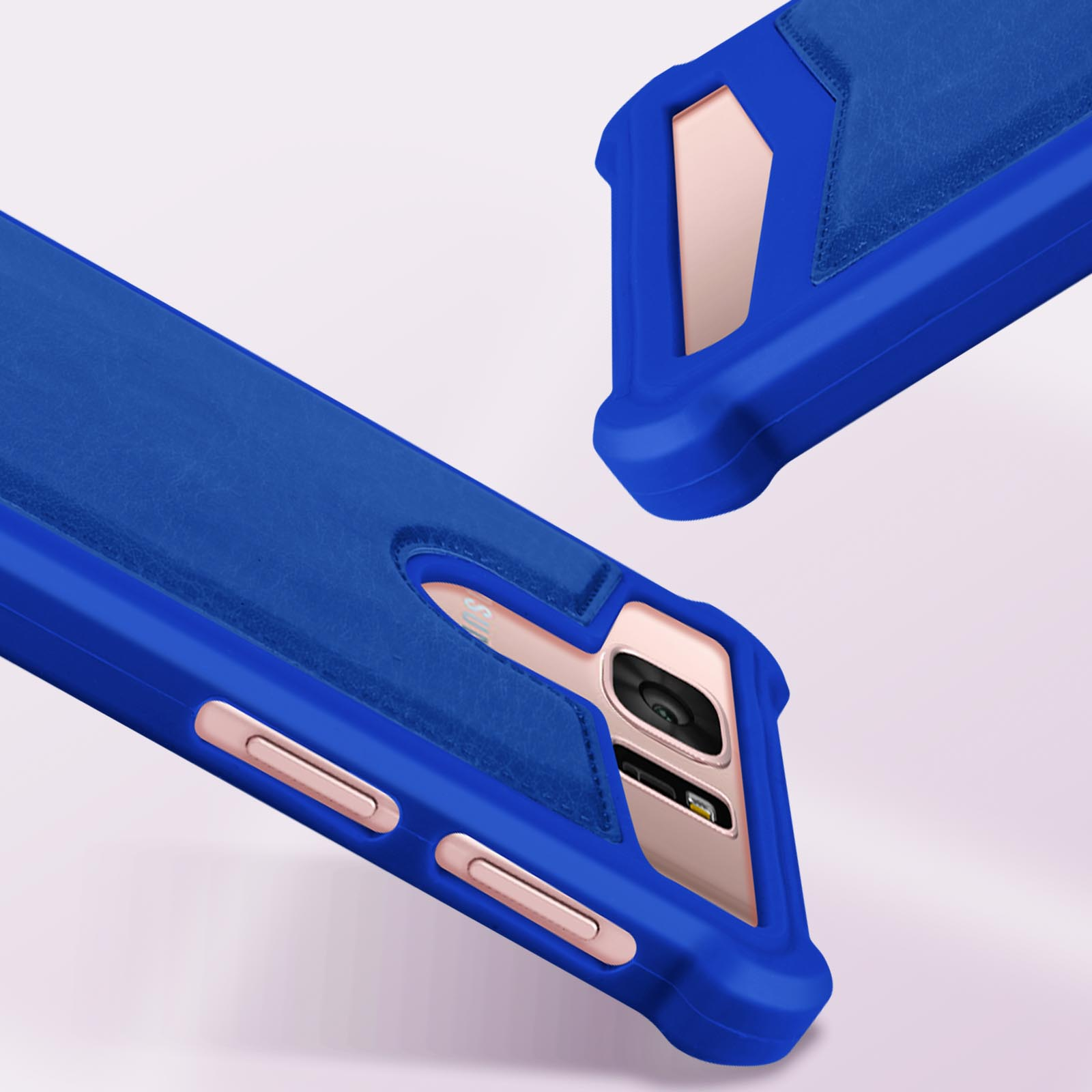 Custodia blu per telefono con accenti oro rosa e ritaglio fotocamera.