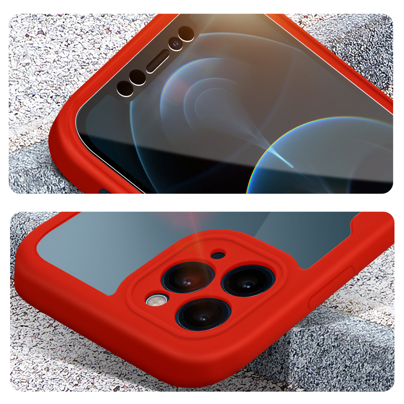 Cover rossa per smartphone con fotocamera frontale e tripla fotocamera posteriore.