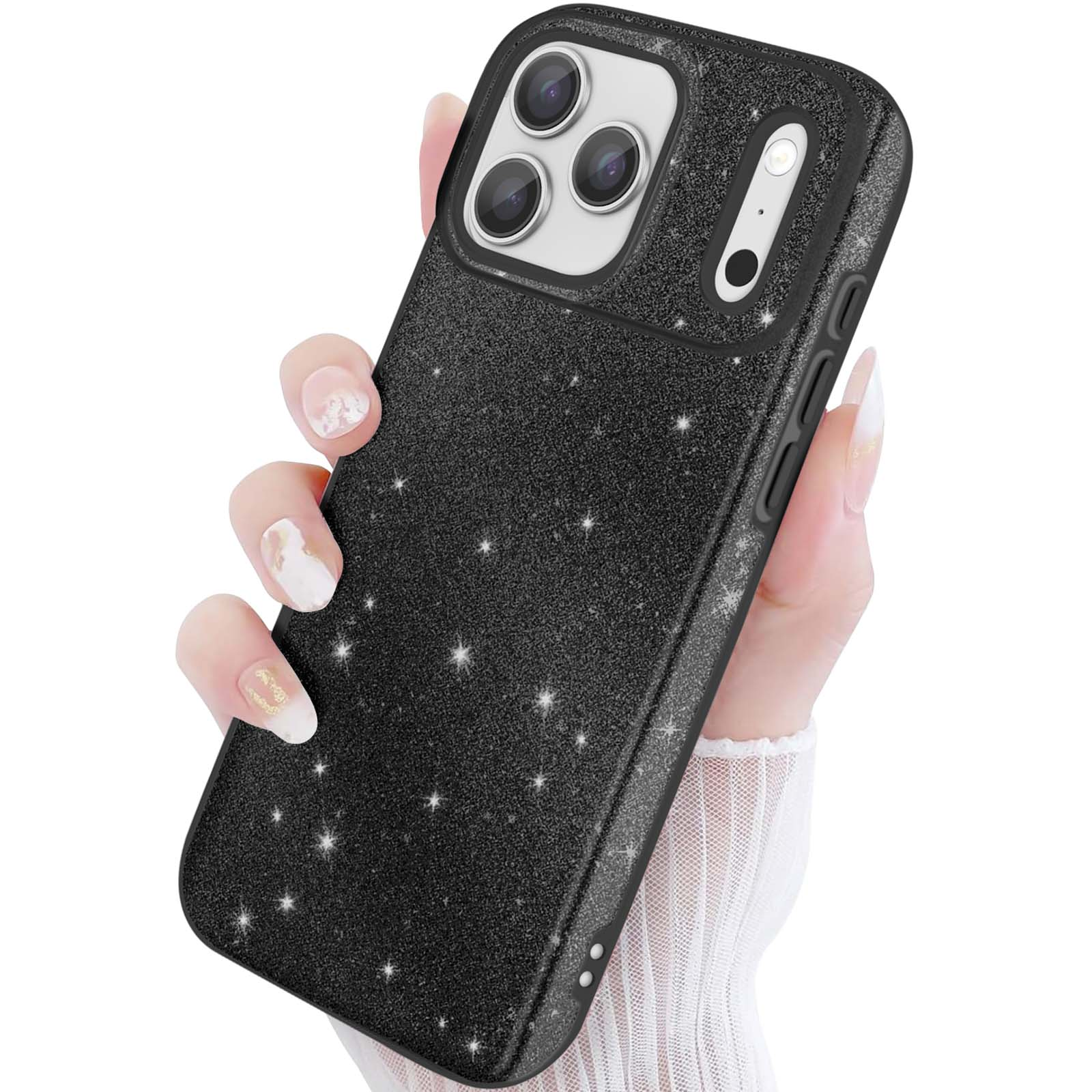 Hand vasthoudend een zwarte telefoonhoes met glitter en sterren.