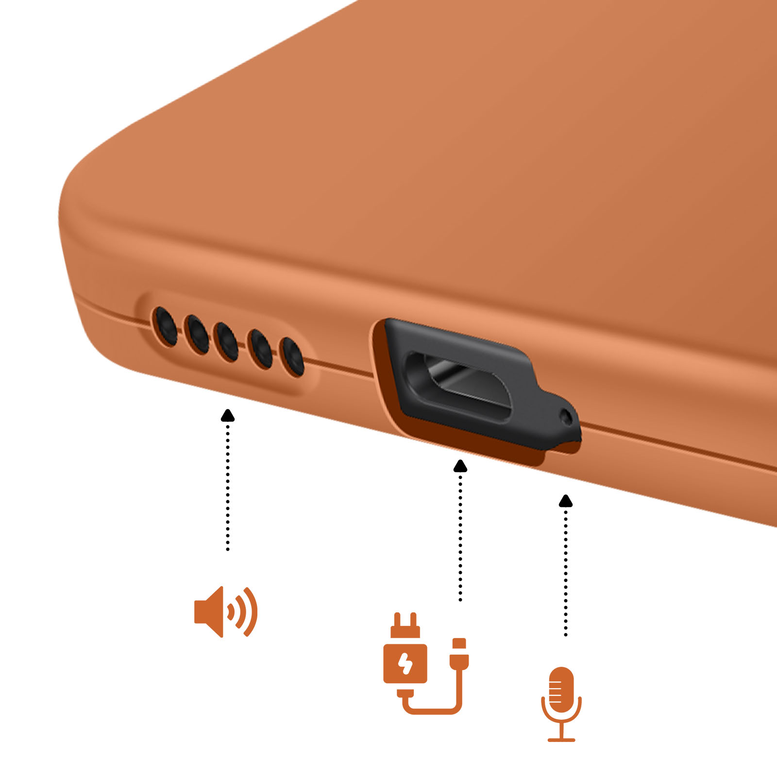 Coque orange avec port de chargement, haut-parleur et micro.