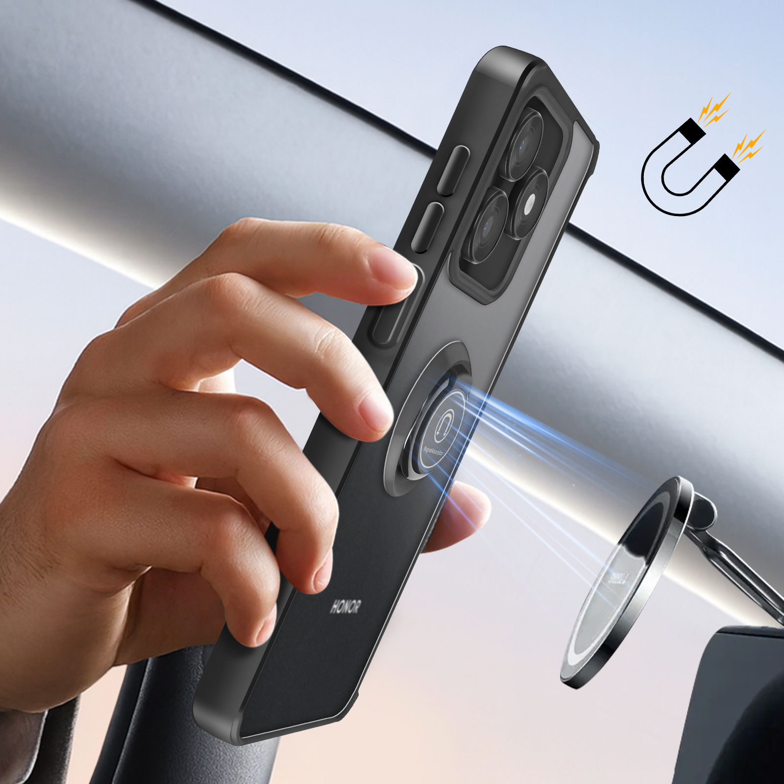 Une main tient un téléphone Honor noir avec support magnétique près d'un anneau de support de voiture.