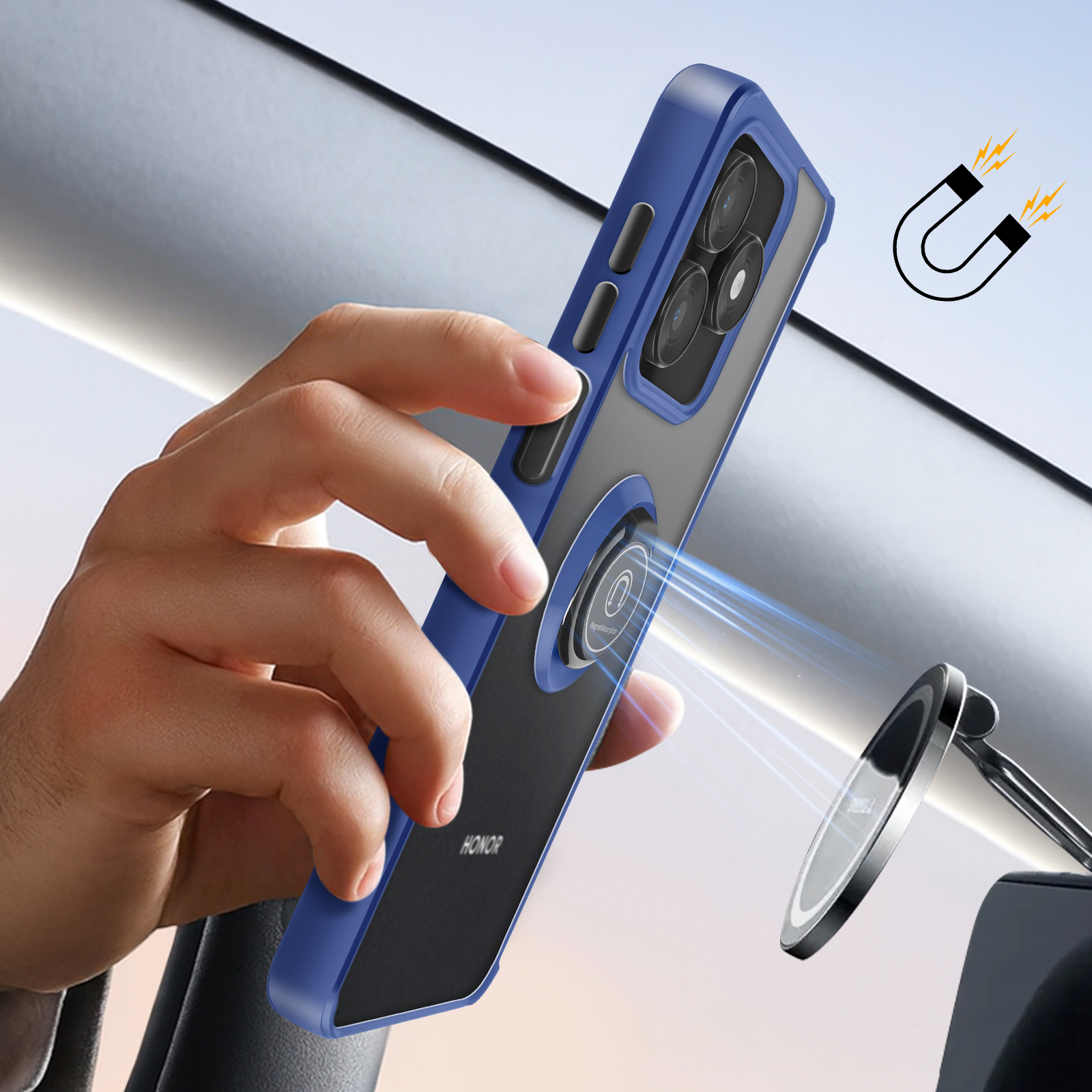 Une main tient un étui de téléphone bleu avec un anneau magnétique, près d'un support de voiture.