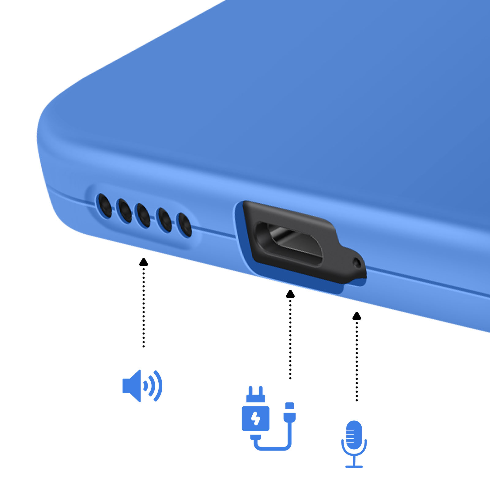 Bordure bleue de smartphone avec des trous de haut-parleur, un port de charge et une icône de micro.