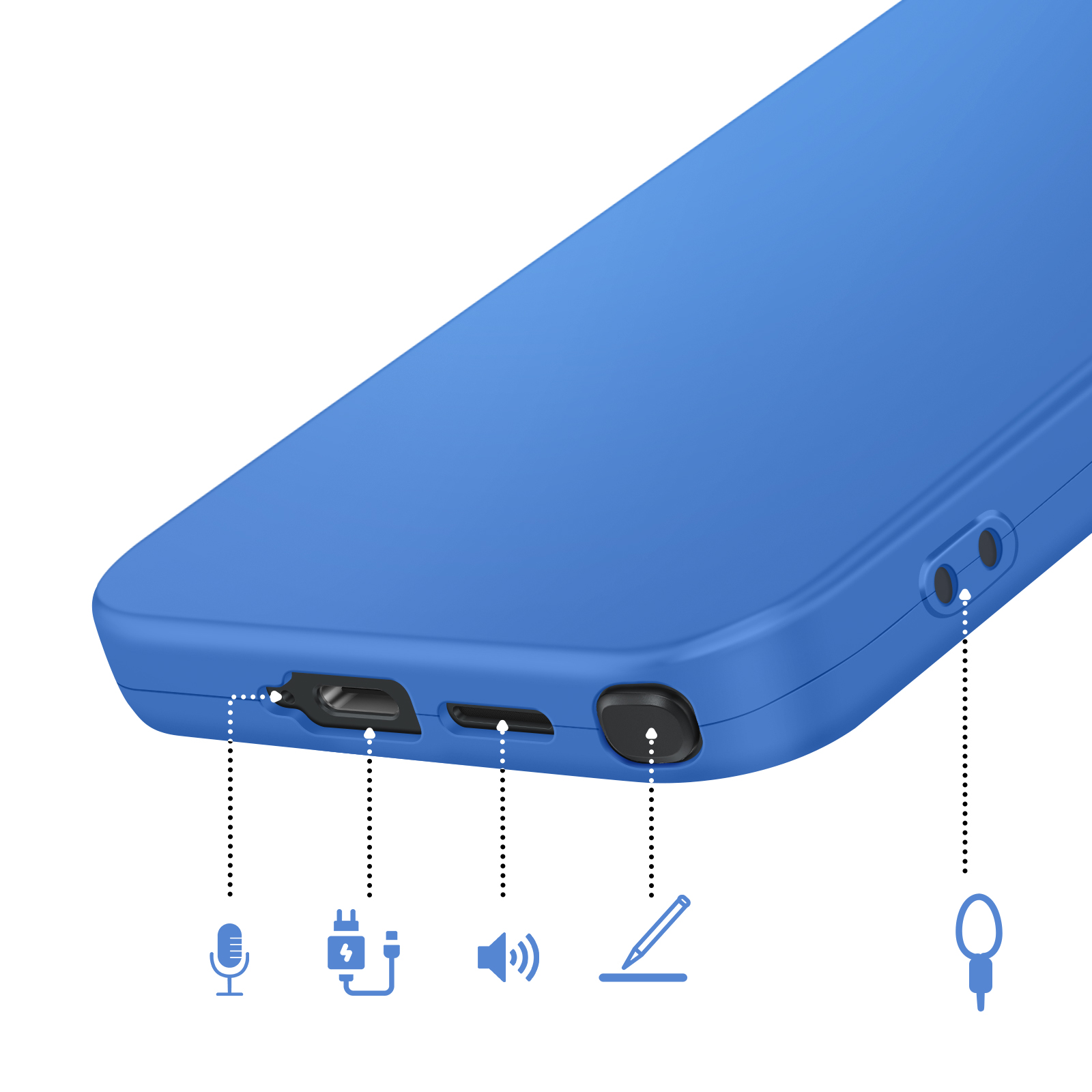 Een blauwe hoes met poorten: microfoon, opladen, volume, pen en koptelefoonaansluiting.