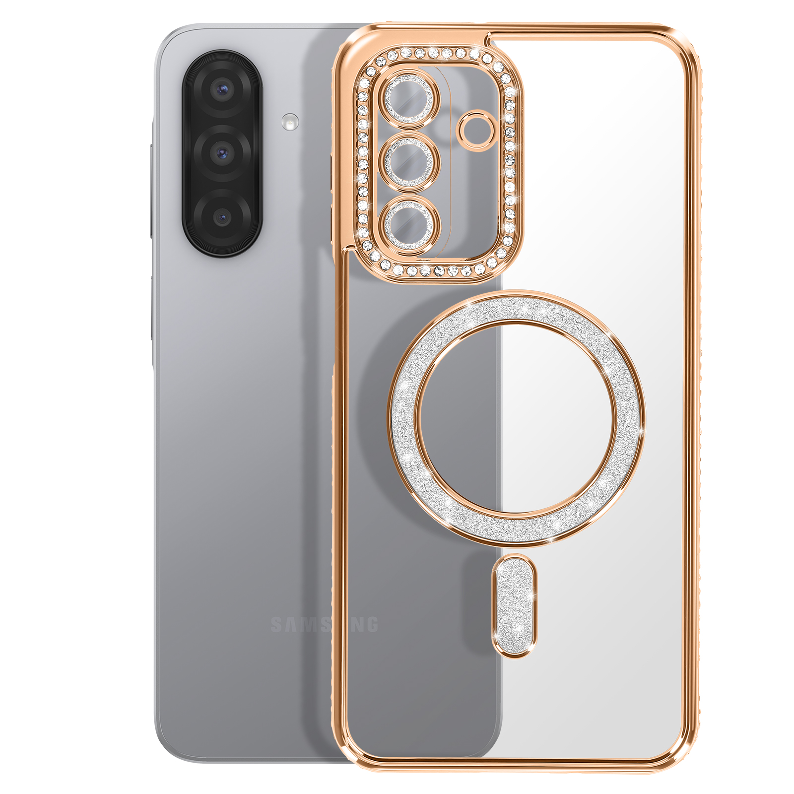 Un smartphone argenté avec une coque transparente, bordure dorée et accents diamant.