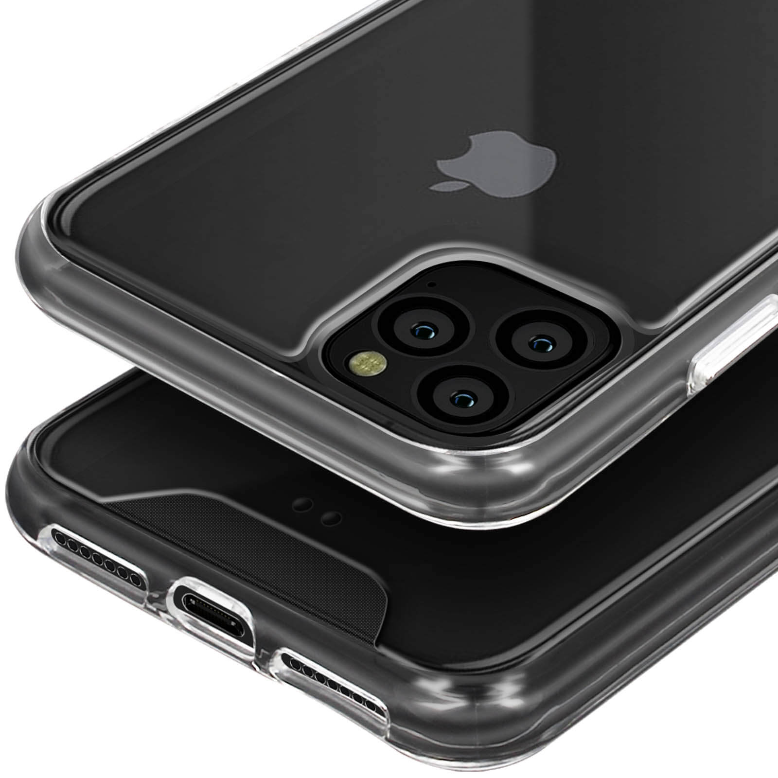 Custodia trasparente per iPhone che mostra la tripla fotocamera e il logo Apple.