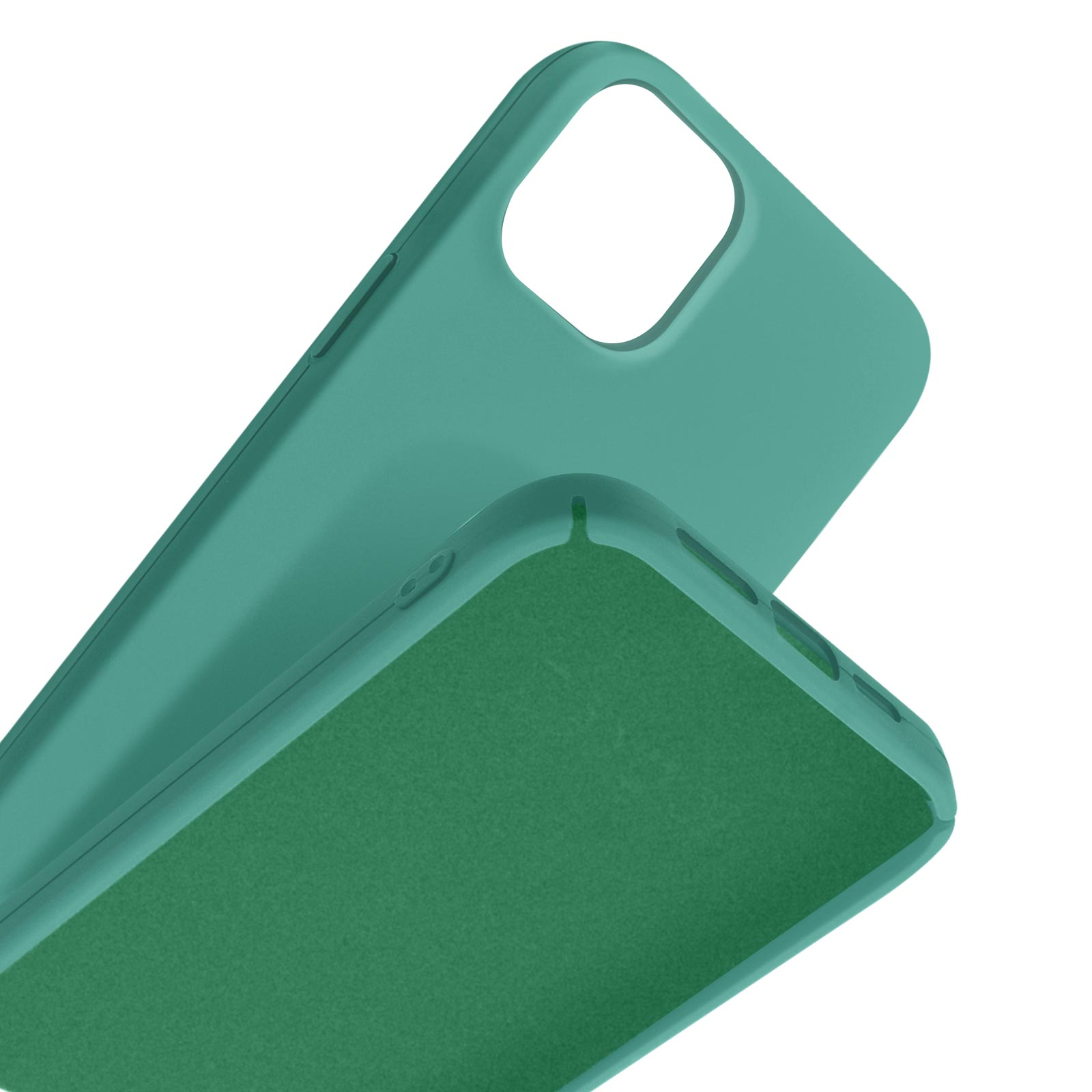 Deux coques de téléphone turquoise empilées, montrant des découpes pour appareil photo et boutons.