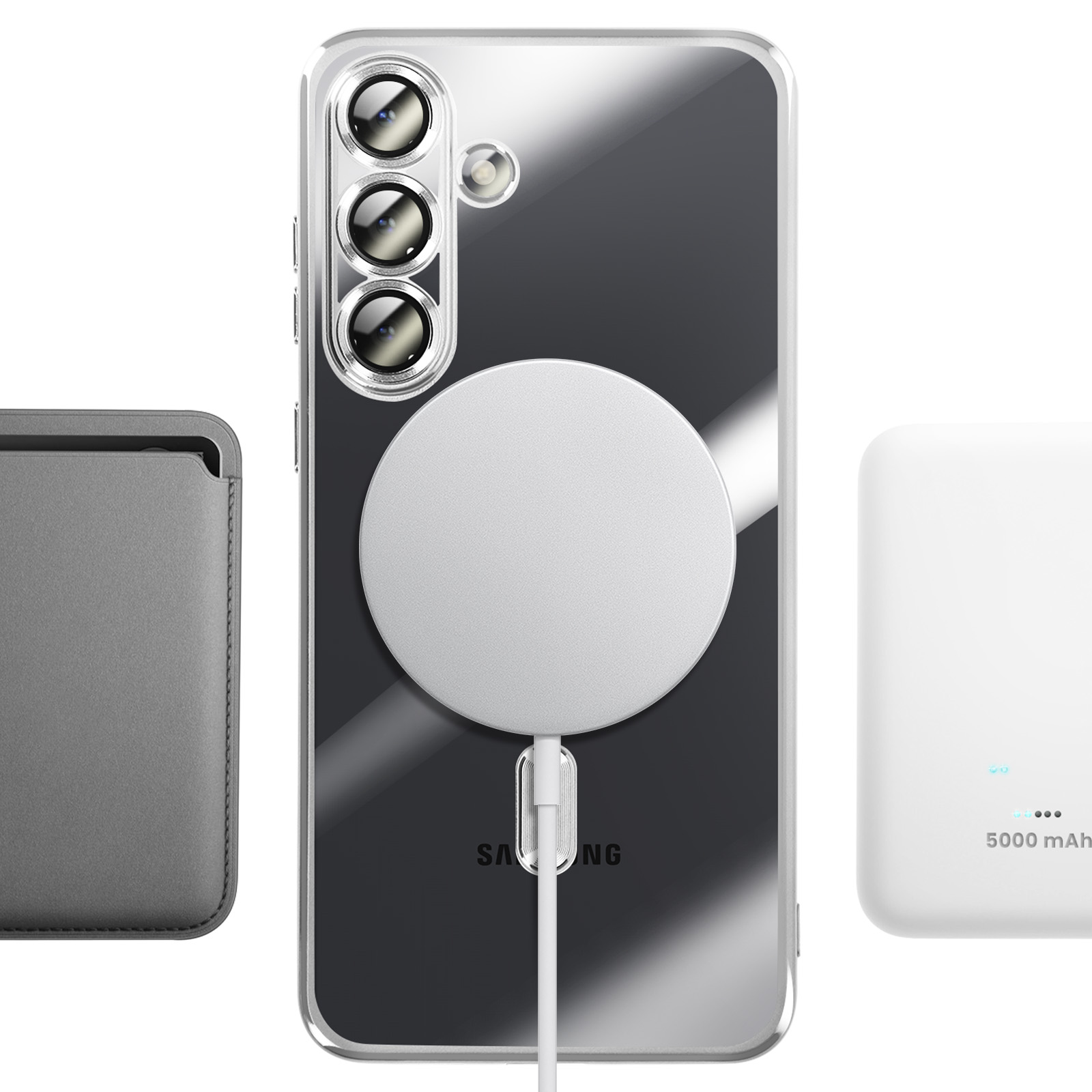 Smartphone avec chargeur MagSafe, étui et batterie externe sur fond blanc.