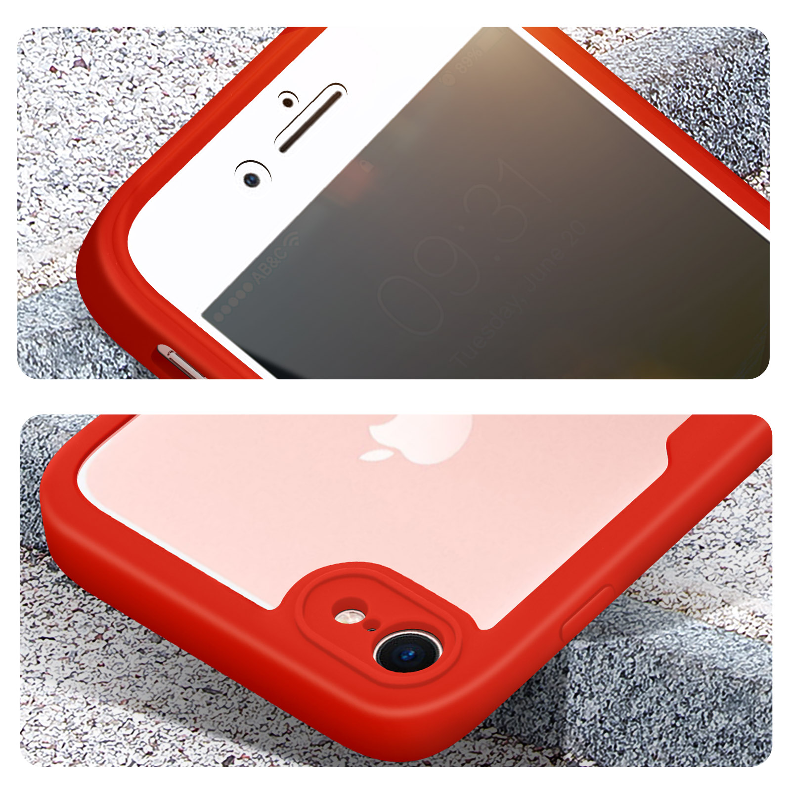 Cover rossa attorno a un iPhone che mostra fotocamera e logo Apple.
